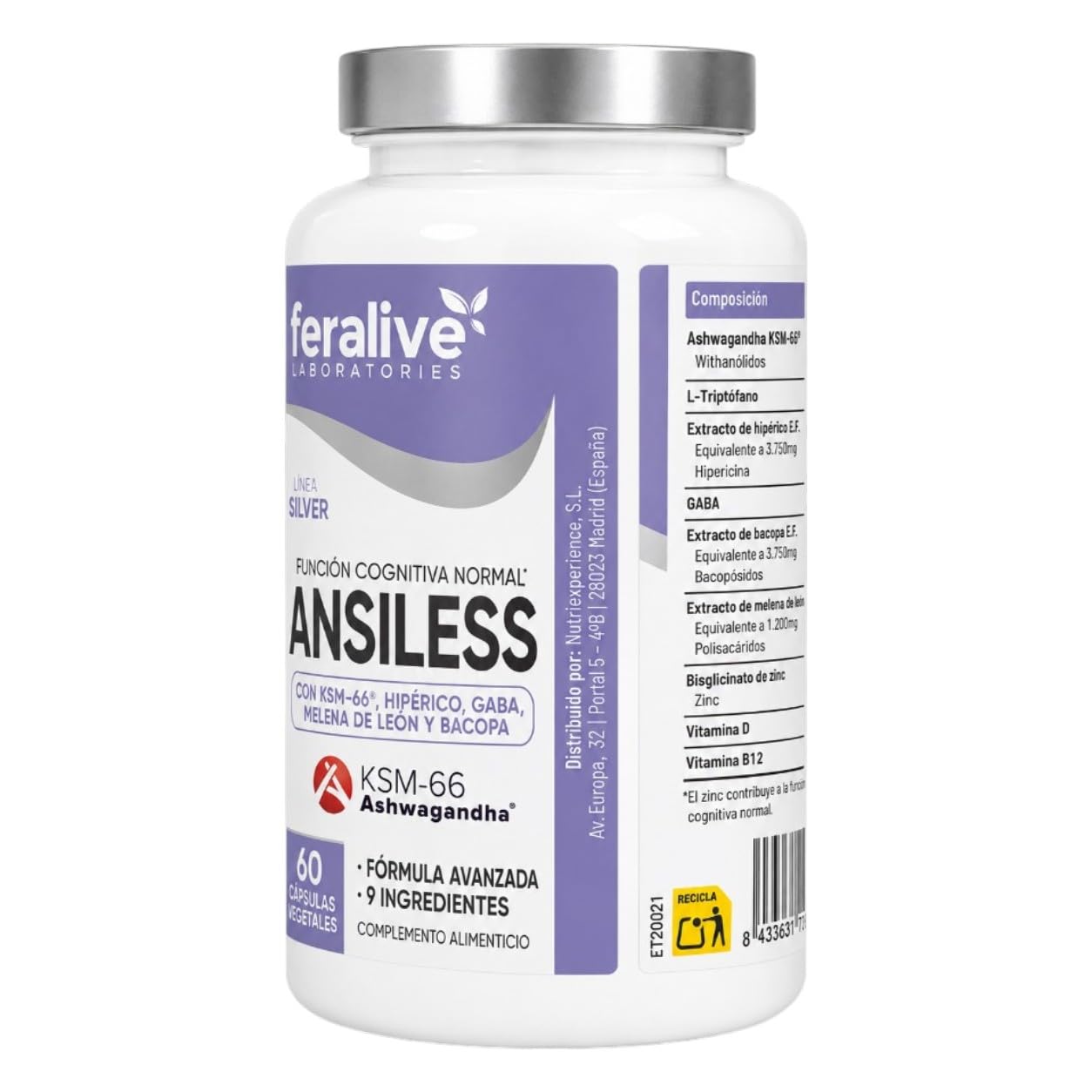 Ansiless 60 Cápsulas – Ashwagandha KSM-66® + Hipérico + GABA + Melena de León – Suplemento para Función Cognitiva, Estrés y Concentración Mental