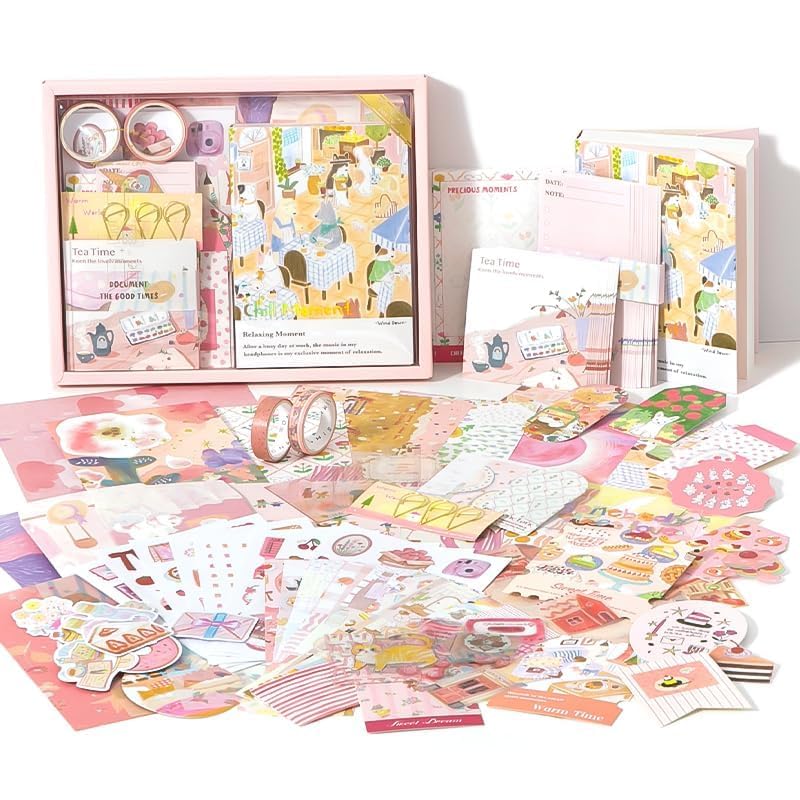 Image of MGNLR Vintage Aesthetic Scrapbook Kit(346Pcs) Scrapbooking Supplies Kit with Bullet Junk Journal,Stationery,A6 Grid Notebook Journaling Gift for Girl (Chill Moment)