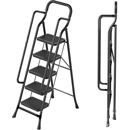 Simcat Step Ladder Foldable Folding Stool Closet Stepstool Stair Ladders Extendable Stepladder with Non-Skid Wide Pedal and Handrails for Kitchen, Closets, Office, Garage (5 Step)