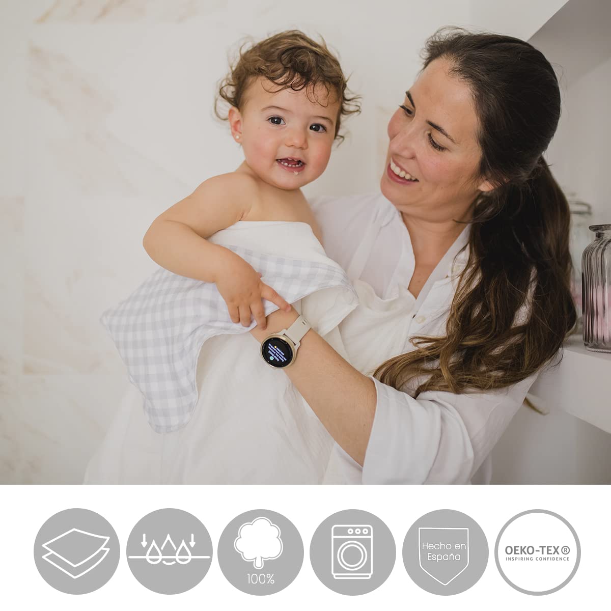 MIMUSELINA Asciugamano per Bambini - Mantella da Bagno in Mussola Doppio Strato 100% Cotone e Assorbente - Asciugatura Rapida - Extra Large (1x1m) con Collo Elastico e Cappuccio (Ecru)