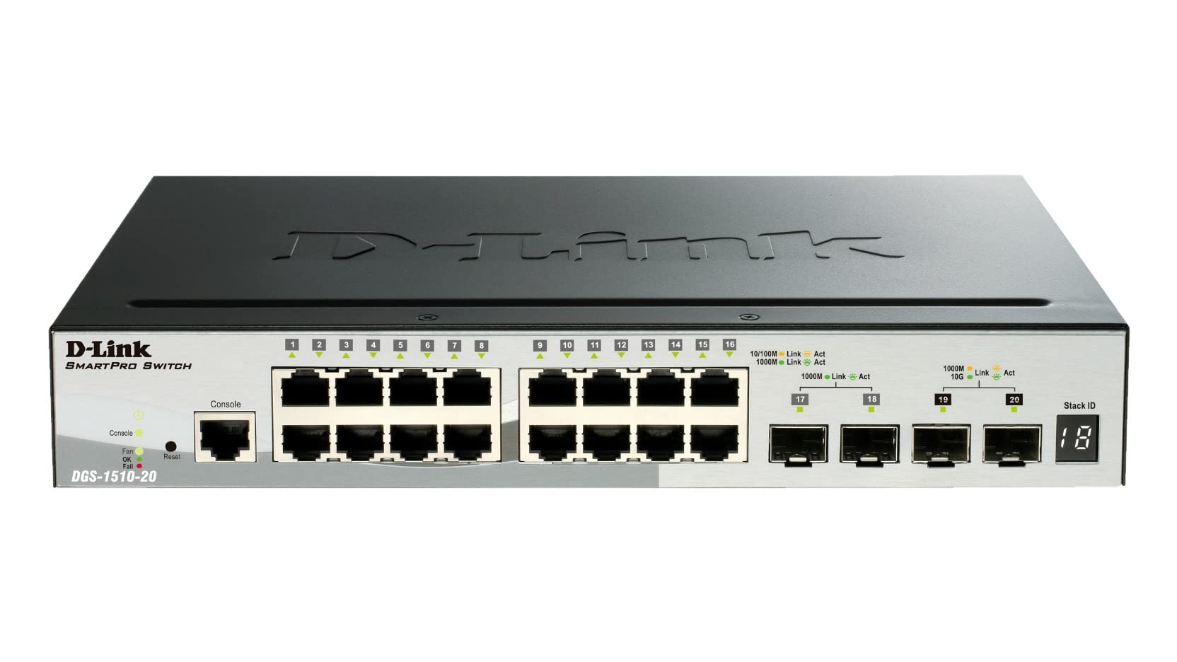 D-Link DGS-1510-20/E, 20-Port Layer 2/3 Smart Managed Gigabit Stack Switch (16 x 10/100/1000 Mbit/s BaseT Port, 2 x SFP Slot, 2 x 10G SFP+ Slot, 19" Gehäuse) - Nur EU-Netzkabel, Schwarz/Grau