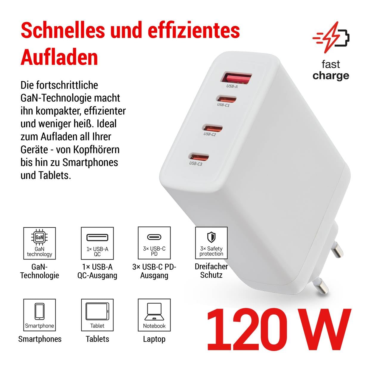 EMOS - Cargador USB-A/3xC PD 120W - Fuente de alimentación USB cuádruple con tecnología GaN - Adaptador europeo USB-C+A - Conector USB PowerDelivery de 120 W para teléfono móvil, tableta, portátil - 5