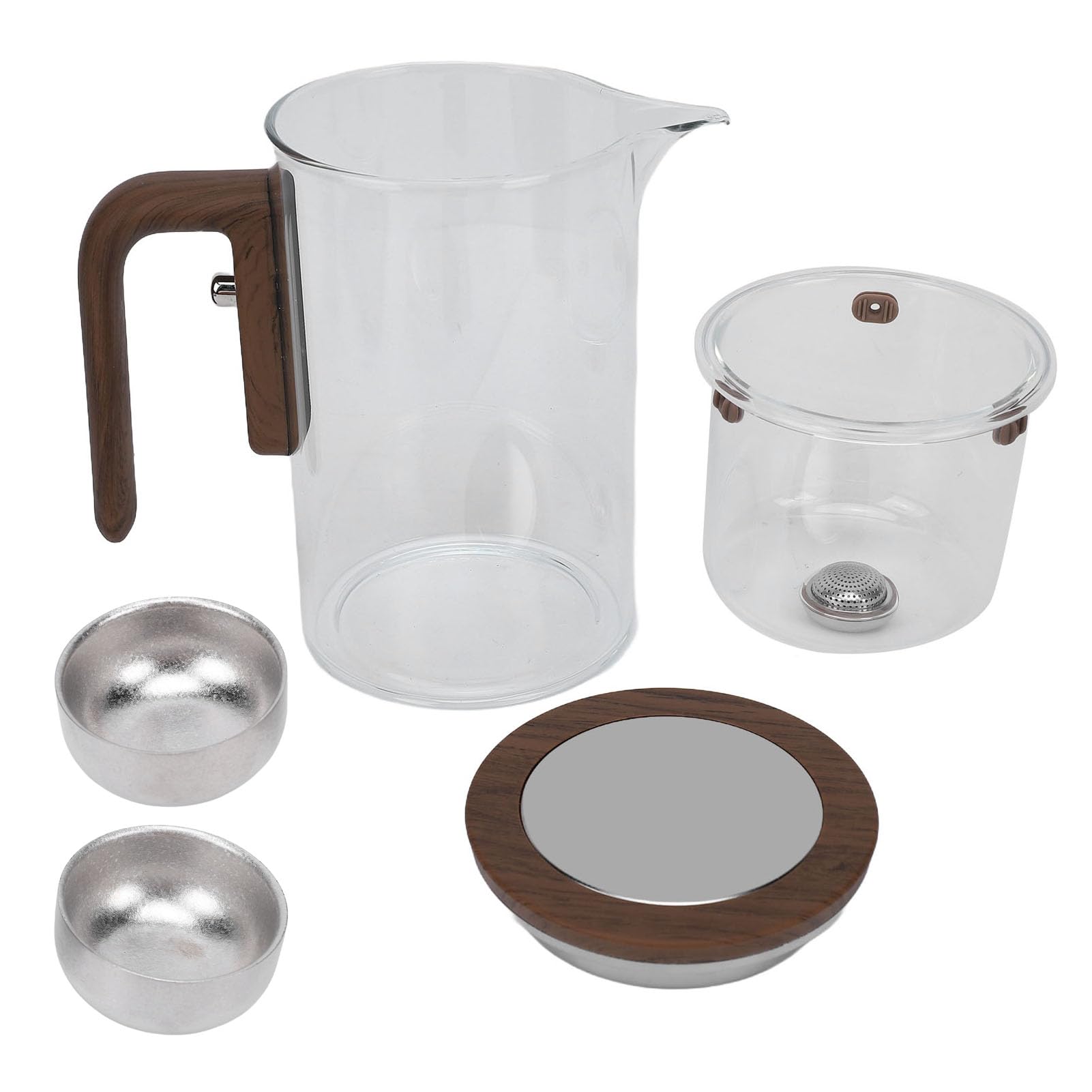 Fdit Tetera de Vetro con Filtro 600ml, Separazione Magnetica Dell'acqua, Infusione a Pressione Facile con Manico in Legno per Uso Domestico e Ristorante