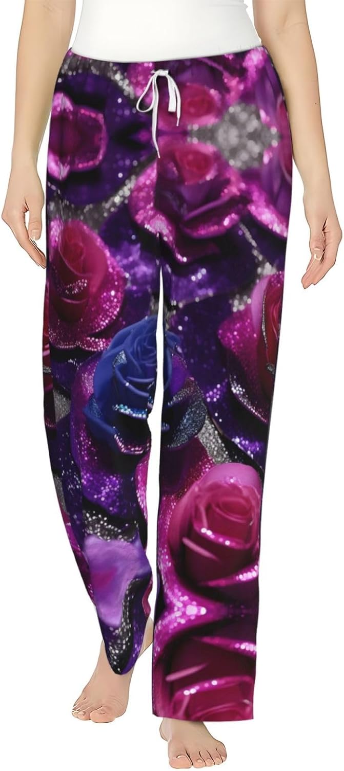 Glitter Sequin Roses Print Cozy Flannel Pajama Pants For Women,Warm Christmas Pj Pants,Cute Fleece Pajamas