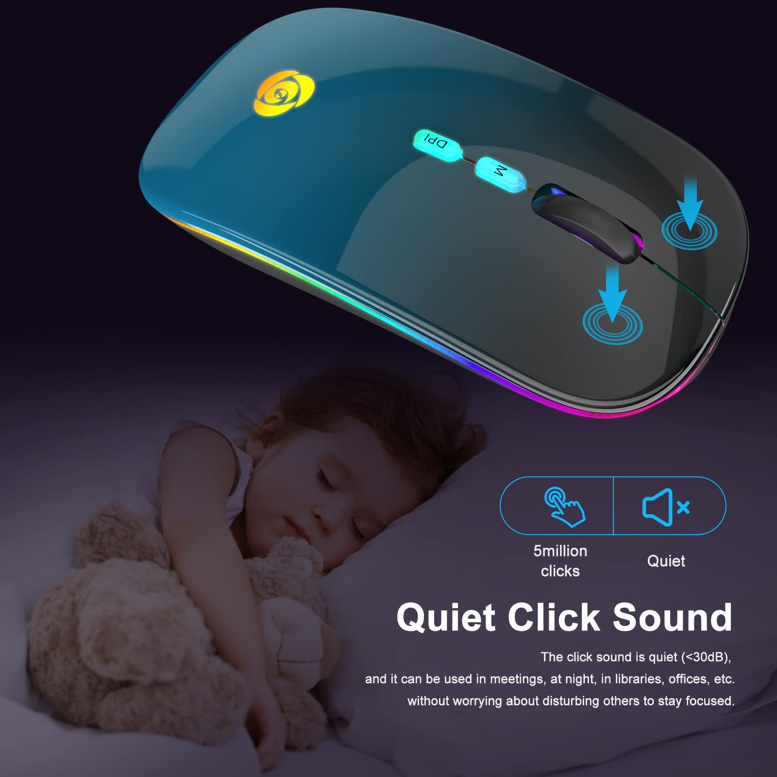 CC Store Mouse Wireless, Wireless Ricevitore USB a 2.4G Tipo C, mouse Bluetooth Ricaricabile, 7 Colori, Sottile 3 DPI 800/1200/1600, Mouse Silenzioso Compatibile con iPad/PC/Mac/Windows