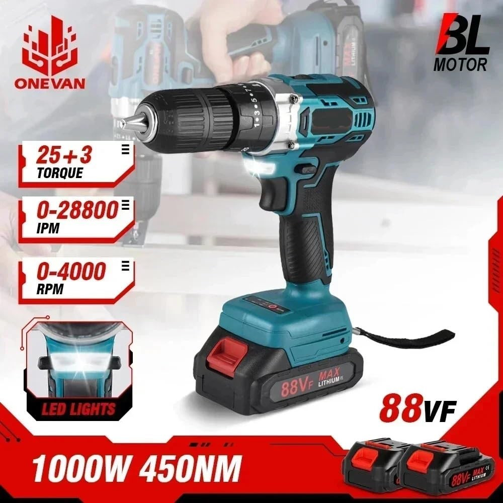 Taladro percutor sin escobillas de 1000W y 450NM, taladro de impacto de 25 + 3 pares, destornillador eléctrico inalámbrico de 3 funciones, herramienta eléctrica apta for batería Makita de 18v(Without