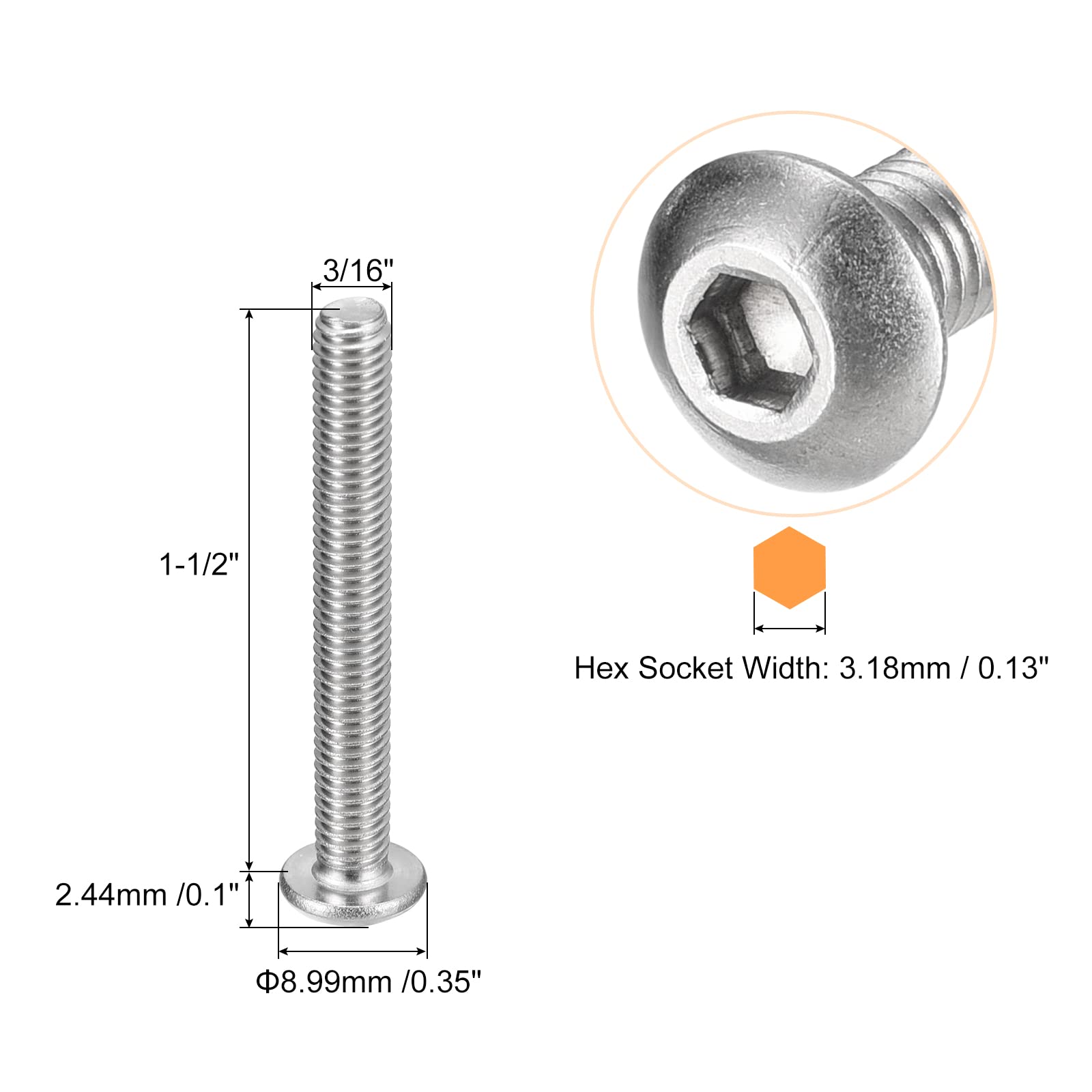 Acciaio Inox 25 Viti A Testa Fillister #10-24 X 1/2" In Acciaio Inox 18-8 | Per Macchinari | Nuove Viti Testa Fillister - Foto 8