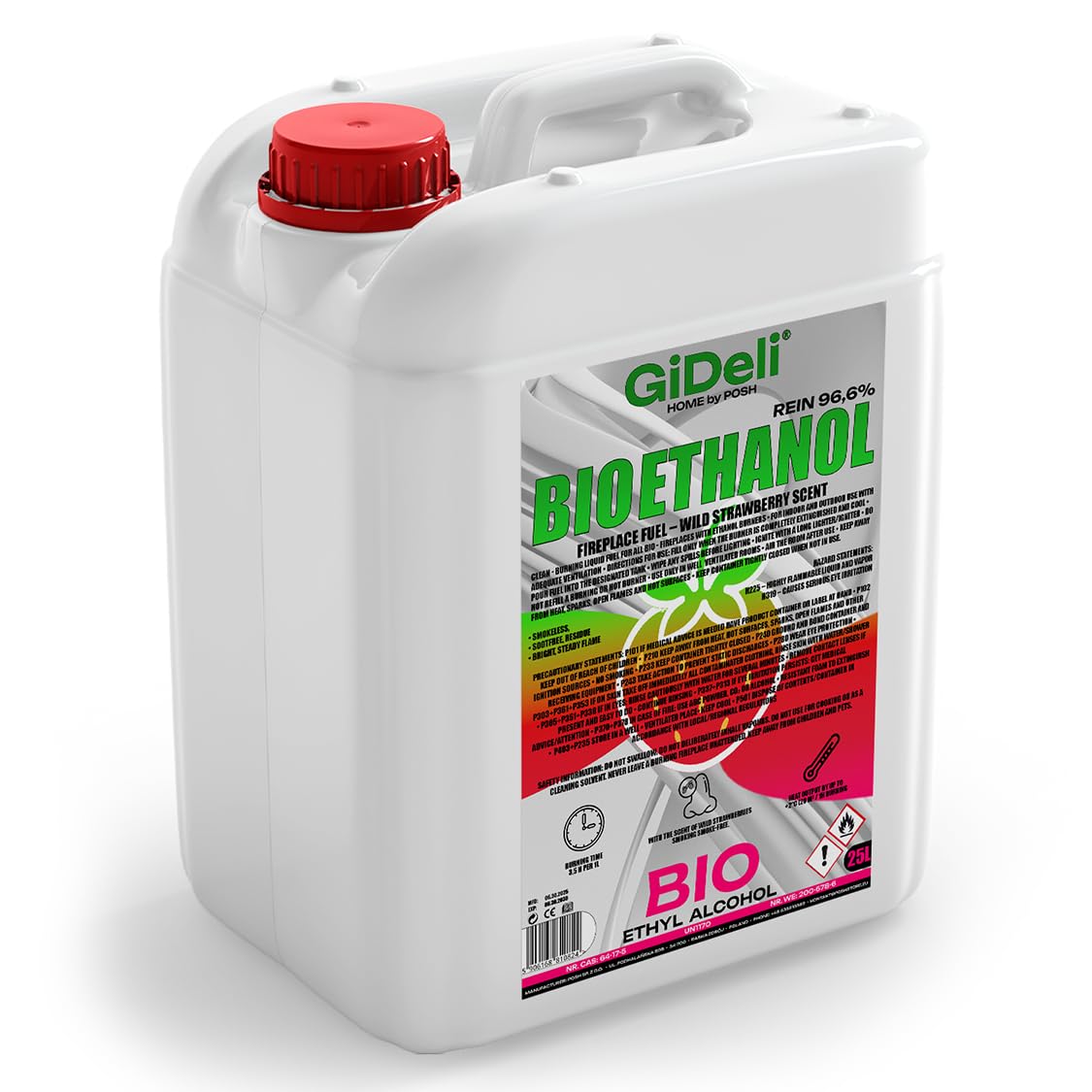 GiDeli Bioetanolo 25 l profumo di fragola forestale 96,6% etanolo per camini interni ed esterni, senza fumo e fuliggine, da mais e barbabietola da zucchero