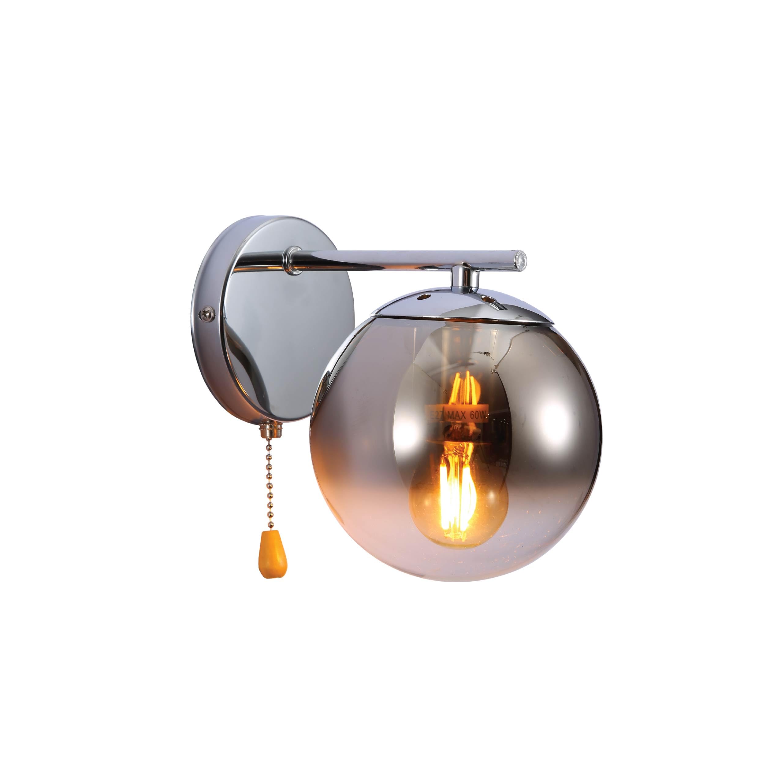 Tekled Chrome Myhome Elegant Globe Wall Light With Pull Down Switch | E27 Fitting | For Bedrooms Living Rooms Hallways Cafes Restaurants Commercial Spaces | (Bulb Not Included)