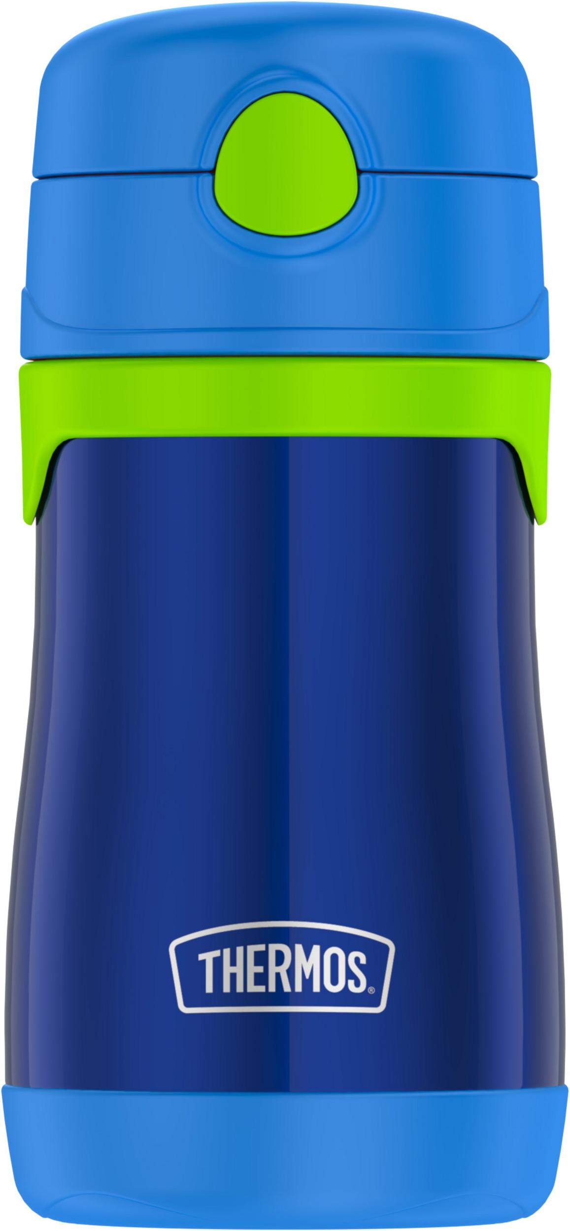 Thermos Baby 10 oz. Stainless Steel Bottle with pop-up straw, Navy with Lime