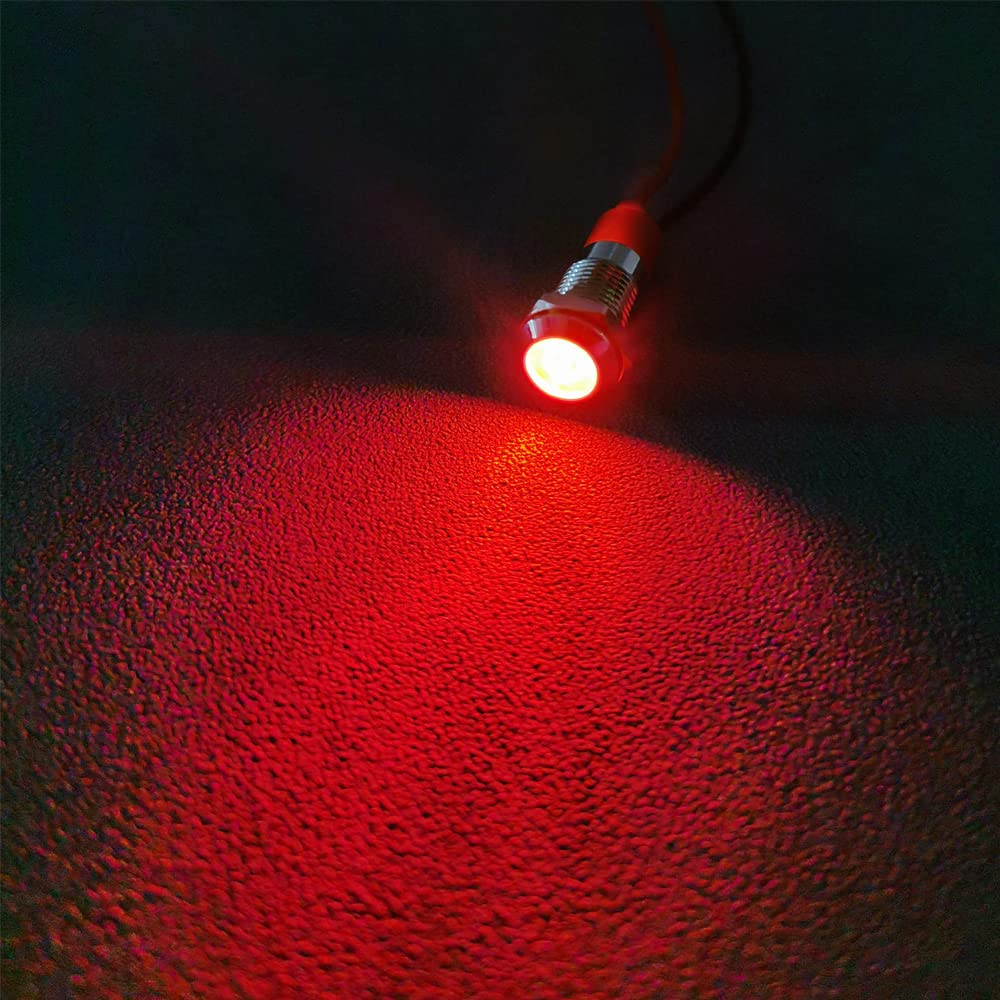 GUUZI 6mm LED Indicator 12-24V Waterproof Metal Panel Indicator Light Flat Head with Wires Silver Shell Red 8 Pcs