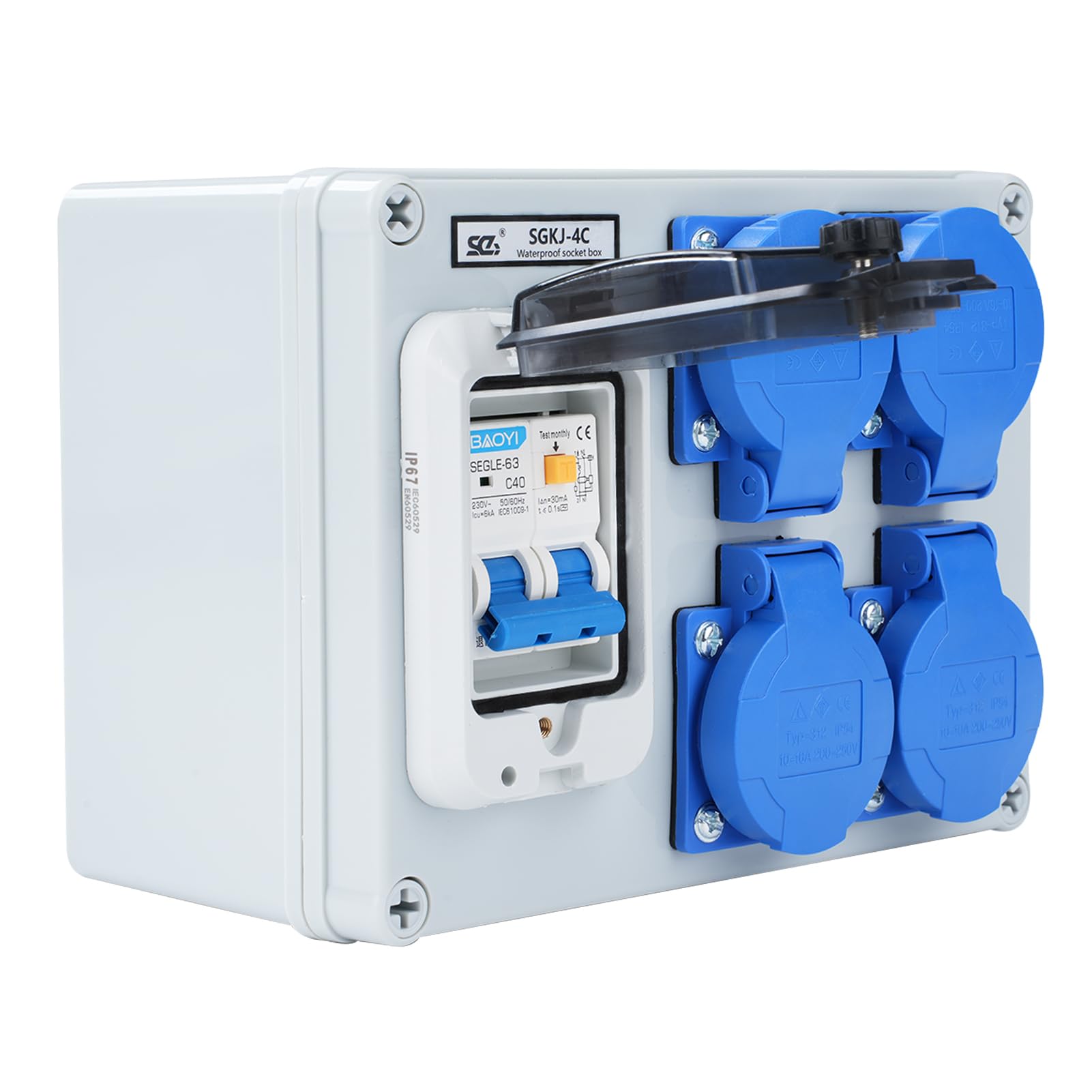 Répartiteur de courant de construction 16A Distributeur de courant fort Distributeur mural avec interrupteur 63A 1P+N Répartiteur de courant 16A avec 4 prises (250V 2 pôles) IP54 étanche.