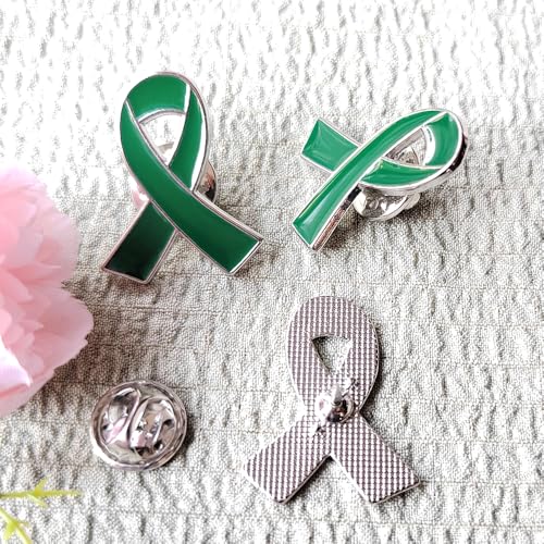 Image of 50 Pieces Green Ribbon Pins Green Awareness Lapel Brooches for Mental Health Environment Issue Liver Cancer Awareness