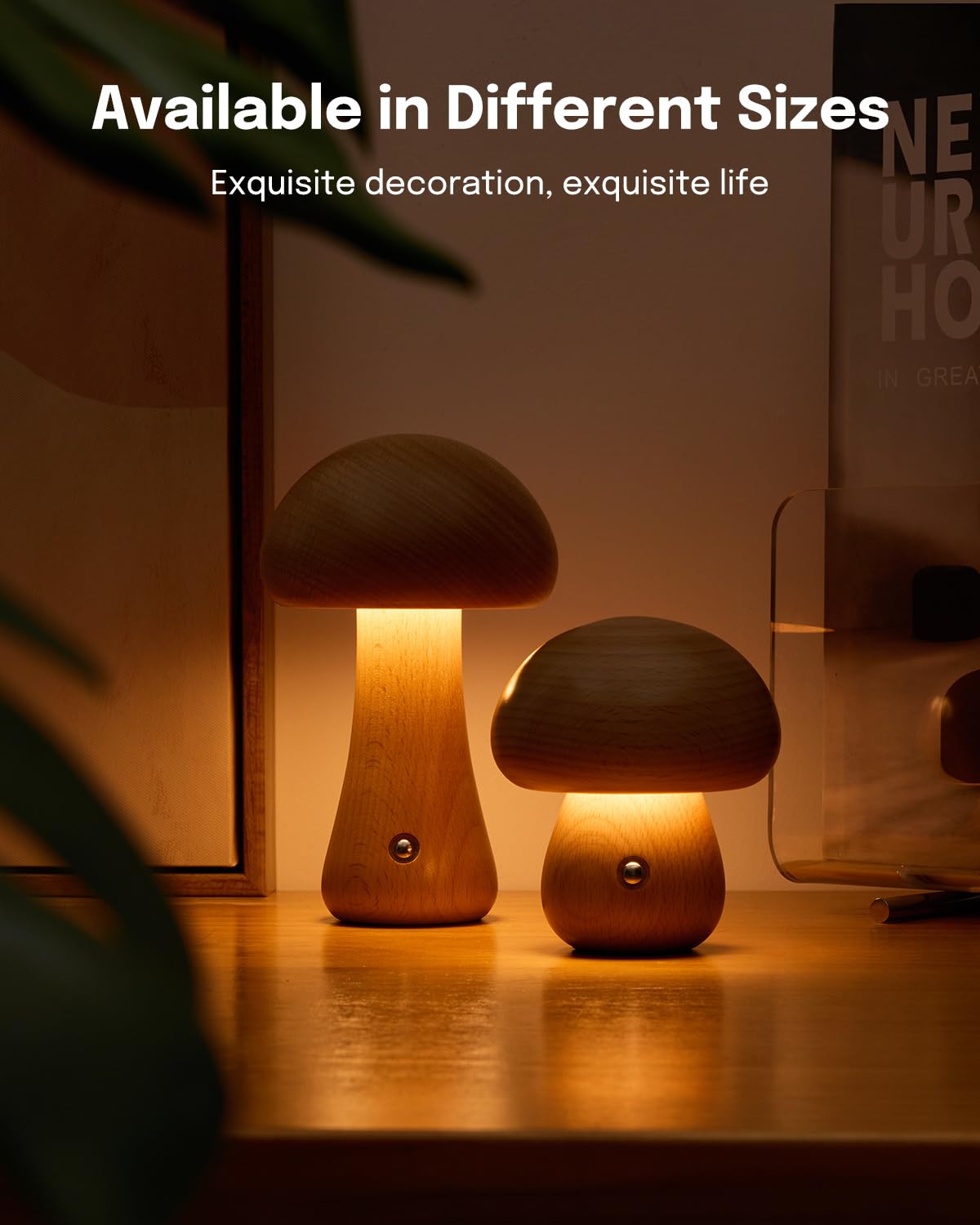 Lalavon Wooden Mushroom Lamp, Portable Cordless Small Lamp, Rechargeable Battery Operated Lamp, 3 Colors Stepless Dimming, Night Light for Birthday Giftsï¼ˆBeech/6.5" Hï¼‰