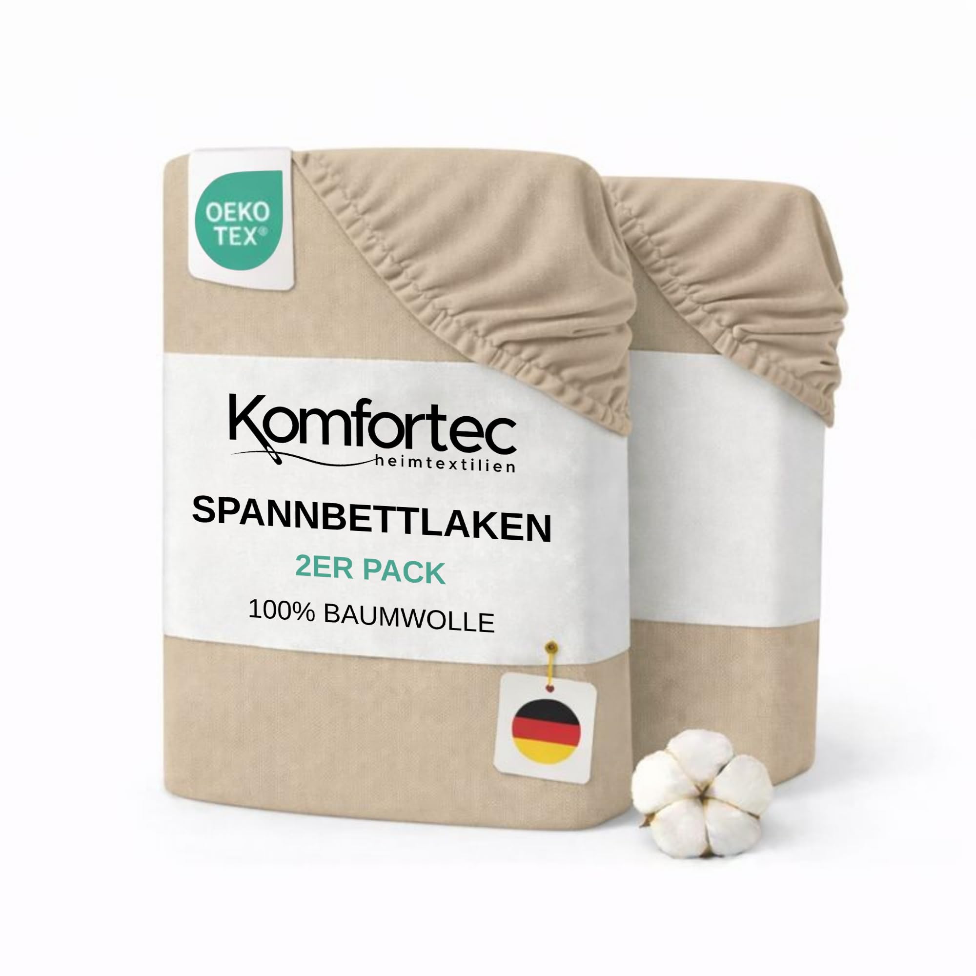 Komfortec Spannbettlaken Jersey 2er Set 100% Baumwolle – 90x200 cm – Weich, Atmungsaktiv & Hautfreundlich – Mit Rundumgummi – Oeko-Tex Zertifiziert – Für Boxspring, Topper & Matratzen – Beige