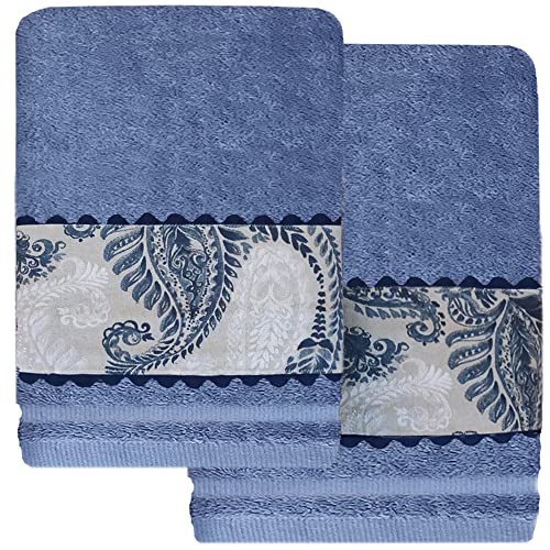 Juego 2 Toallas Premium 600 gr. 100% Algodón, ― 1 Baño Grande (100x150 cm), 1 Lavabo (50x100cm), Color Azul con Cenefa Greca Estampada ― O'LANG 10027 Cover