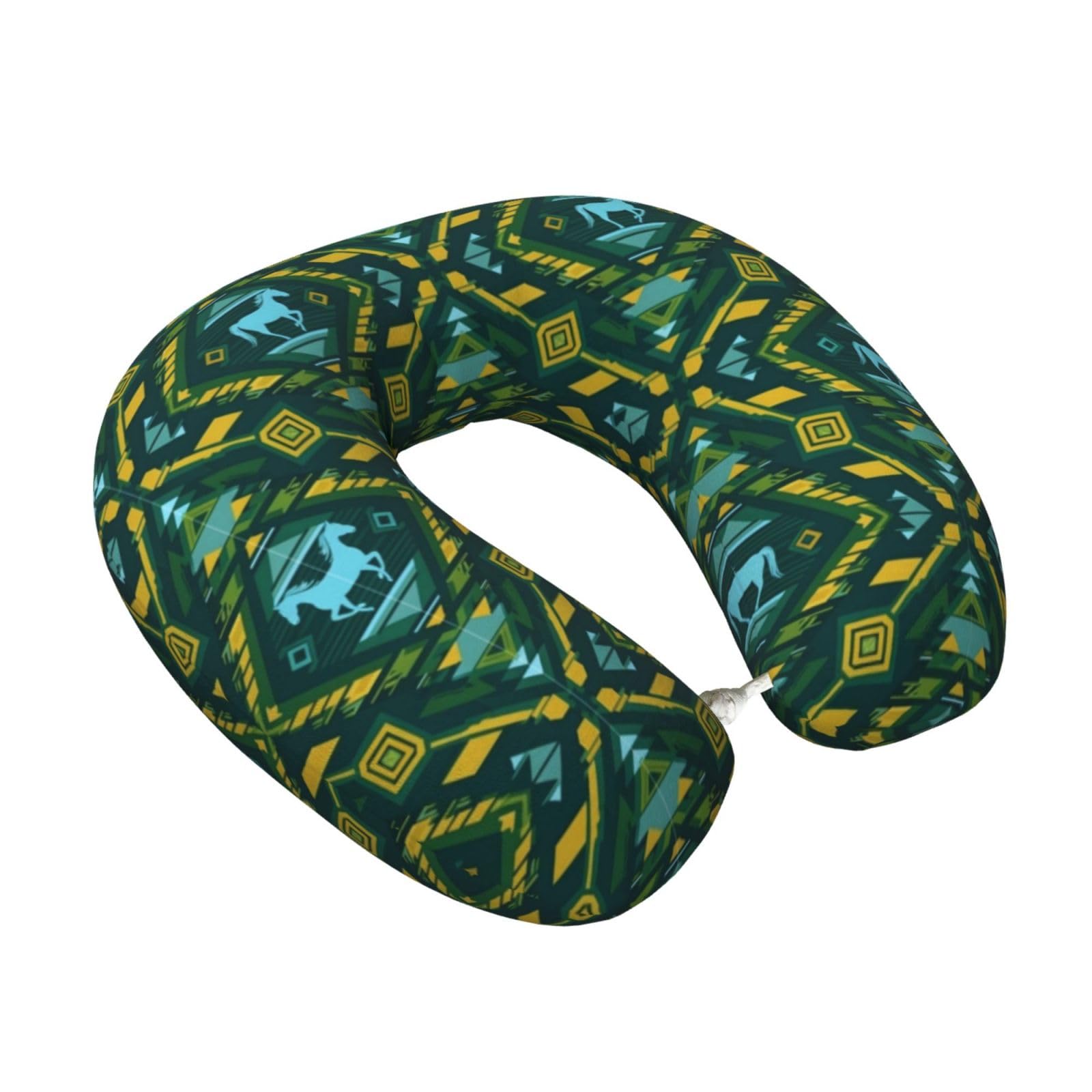 U-Shaped Memory Foam Travel Pillow Teal Green Native American Tribal Ethnic Western Horse, Neck and Chin Support for Rest on Airplanes and Long Drives