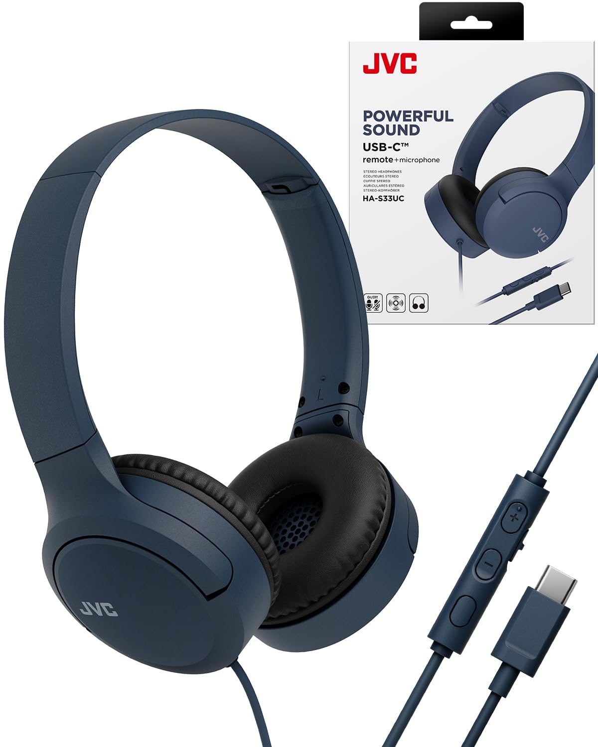 JVC HA-S33UC-A USB-C Casque Supra-auriculaire Pliable avec Microphone et télécommande à 3 Boutons, câble unilatéral, Bleu