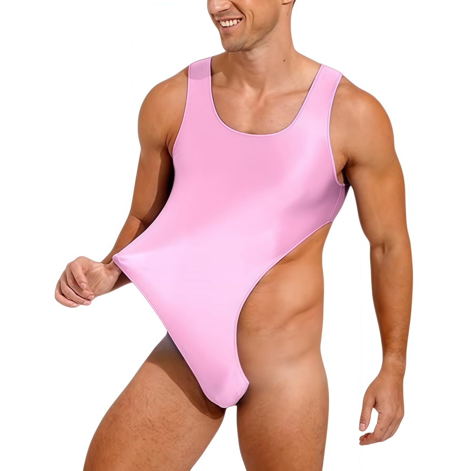 Justaucorps brillant pour hommes, sans manches col en U coupe haute body de gymnastique, combinaison de danse extensible à dos bas, solide coupe ajustée justaucorps une pièce pour l'entraînement