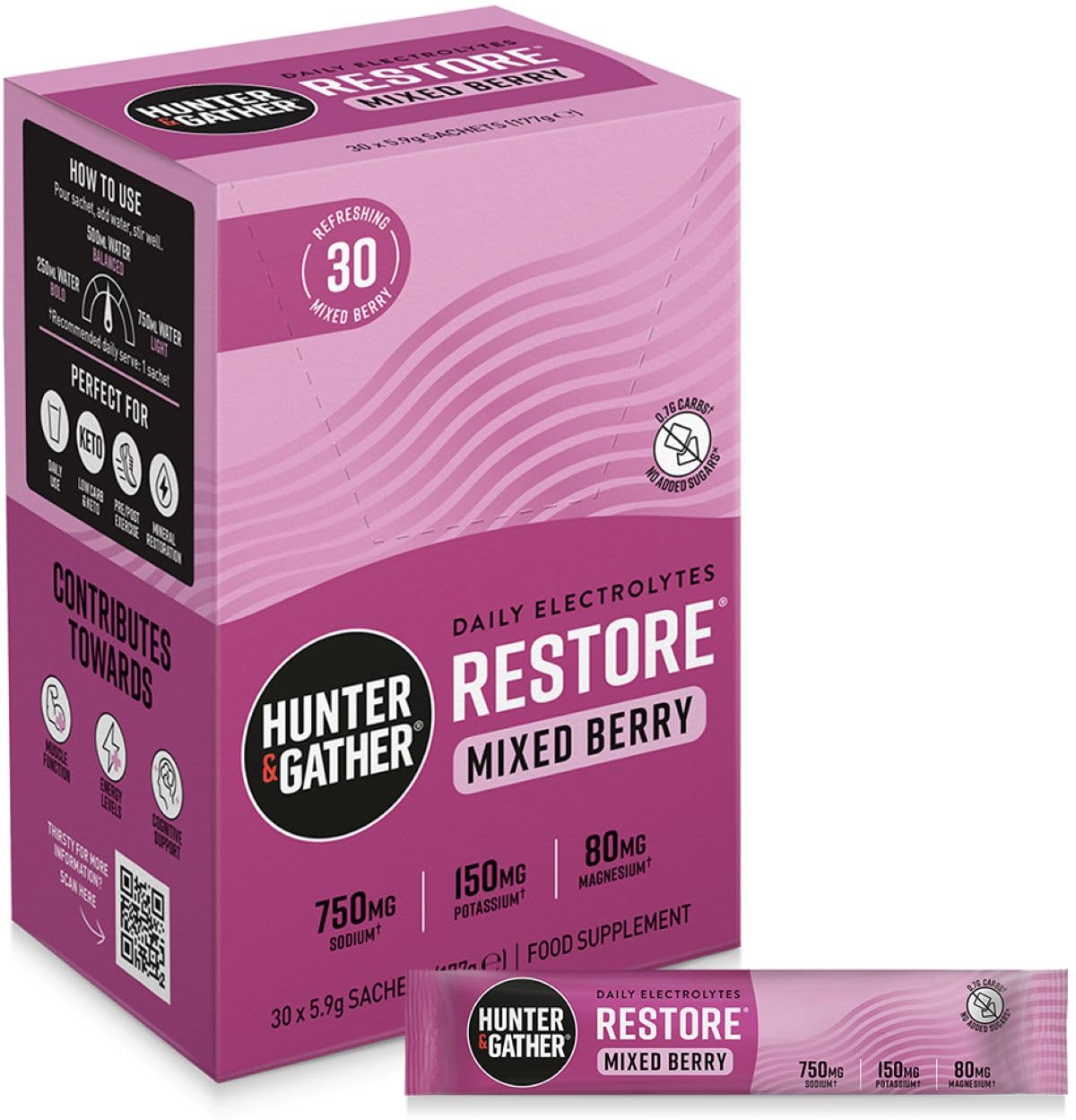 Hunter & Gather Restore Electrolytes Sachets x 30 I No Added Sugar or Artificial Sweeteners I 100% Natural Hydration I Optimal Mineral Ratio with Pink Himalayan Salt I Keto I with Natural Monk Fruit