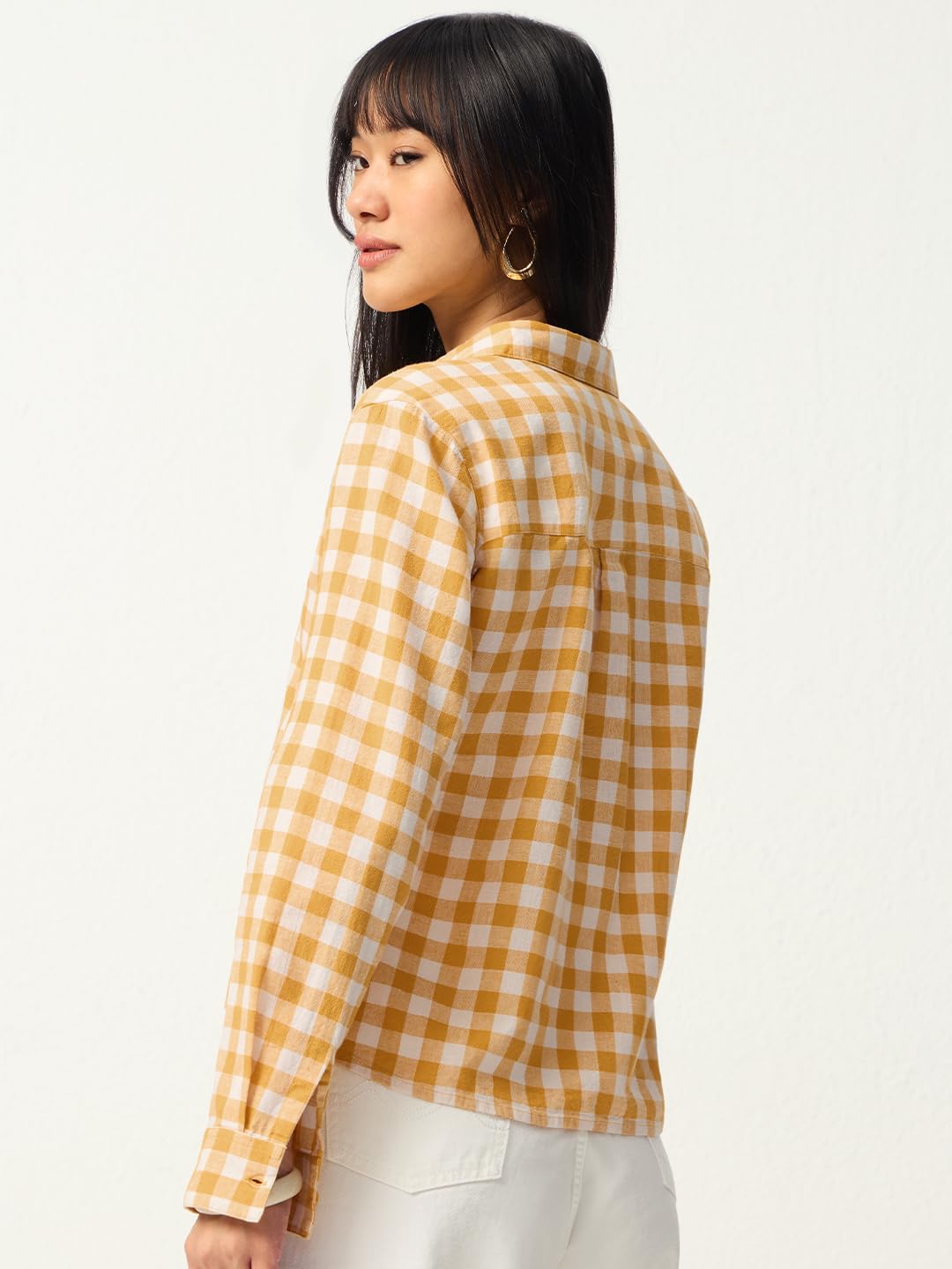 The Souled Store Looney Tunes: Tweety Donne e Ragazze Maniche Piene Colletto Giallo A Scacchi Misto Cotone Lino Vestibilità Regolare Leggero Pop-Culture Camicia Ricamata per Abbigliamento Casual