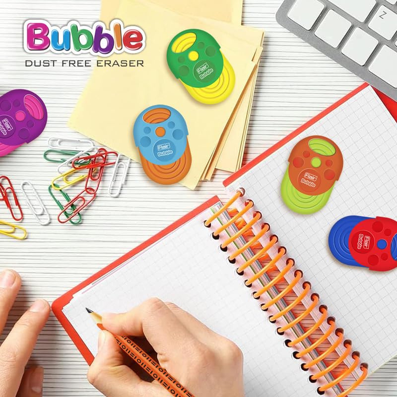 Image of Flair Creative Series Non Toxic Bubble Eraser Blister Set | Neat & Dust Free Erasing | in Built Holder, Easy to Use | Playful Body Colors | Pack of 12 Erasers