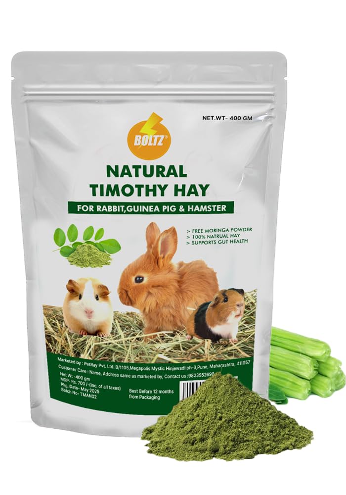BOLTZ Natural Timothy Hay (with Free Moringa Powder) for Rabbits, Guinea Pigs and Hamsters and Other Small Animals, Medium Size High Fiber Hay for Daily Feeding- (400 Gm)