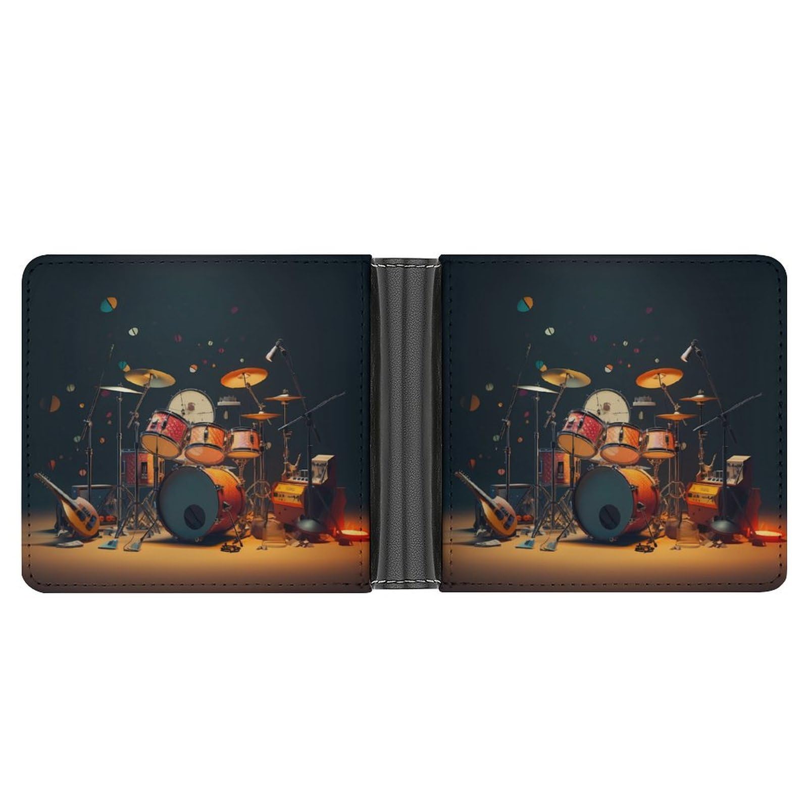 Music Drum Guitar Bifold Wallet PU Leather Coin Purse Lightweight Credit Card Holder Wallet Money Clip