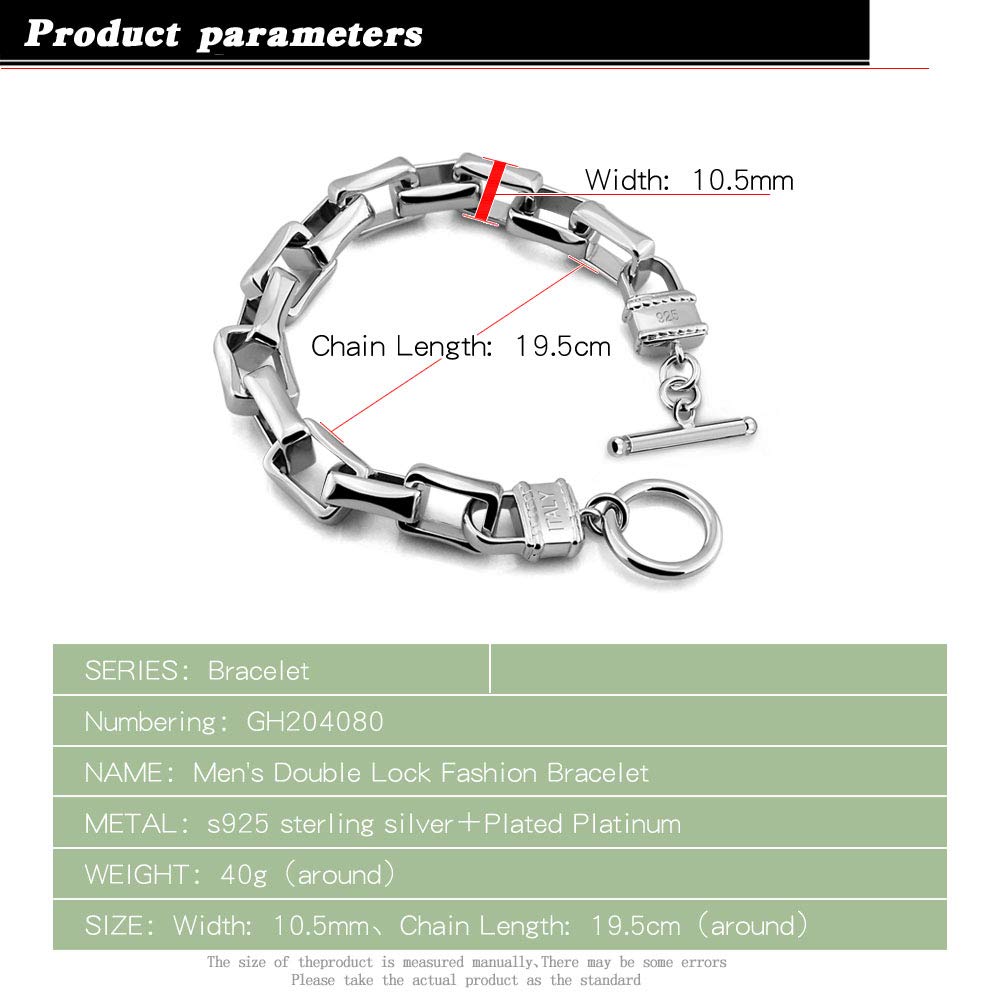 Dankadi Bracelet Massif en 925 Argent Largeur 10.5MM 9MM pour Homme Femme, Gourmette 7" 7.5" 8" 8.5" 9" 9.5" 10" Rolo Chaîne Maille D'ancre Carrée Bijou Moderne pour Punk Hip Hop Accessoire
