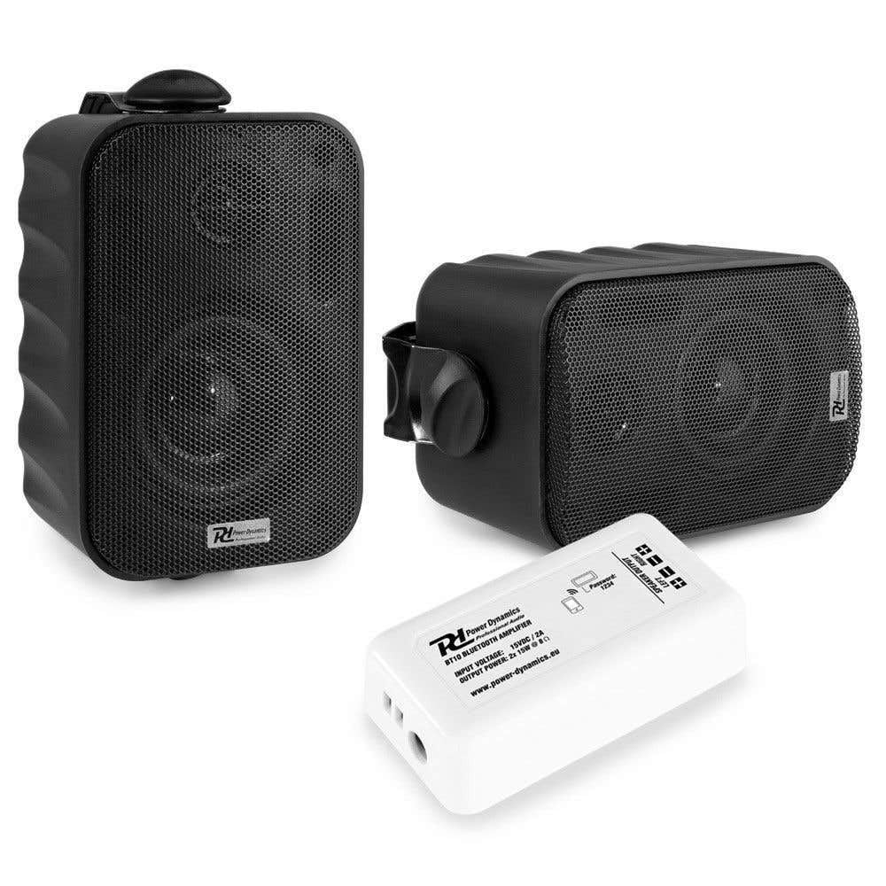 Power Dynamics - Pack de 2 Altavoces BGO30, 60W, 2 Vías, IPX5, Bass Reflex y Soportes | Amplificador BT10 con Bluetooth, 2x15W, Conexión Inalámbrica, Cable Incluidos, Ideal Interior y Exterior