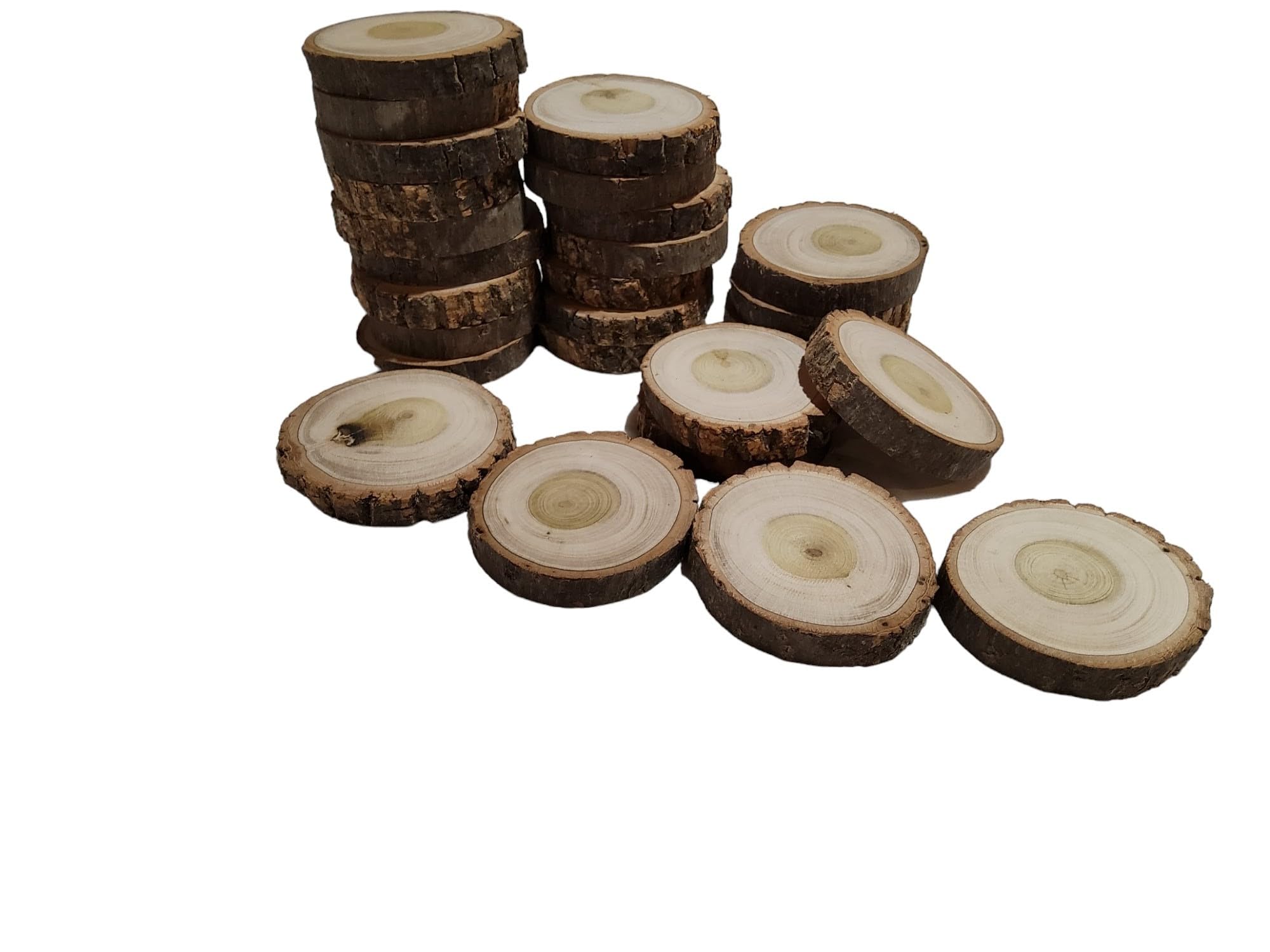 25 poplar wood slices, 2.5" to 2.75" diameter log rounds, kiln dried craft wood, log slices with bark