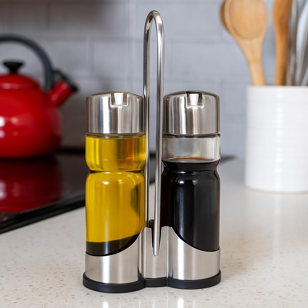 Set di Oliera e Acetiera - Acciaio Inox e Vetro - 2 Pezzi