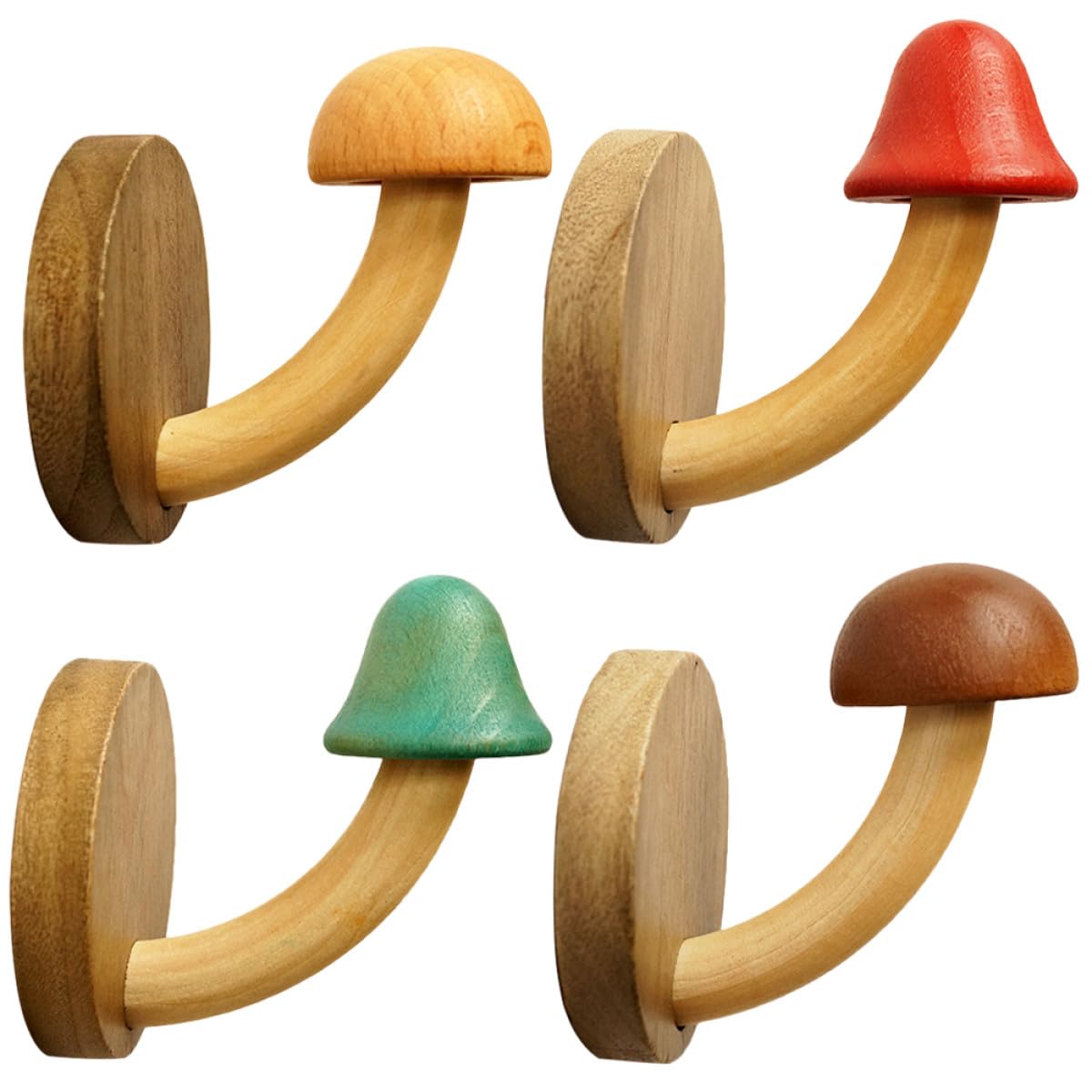Ganchos de Pared Adhesivos de Madera Natural Forma de Hongo 4 Piezas sin Perforación para Colgar Abrigos y Toallas Decoración Nórdica para Baño y Dormitorio