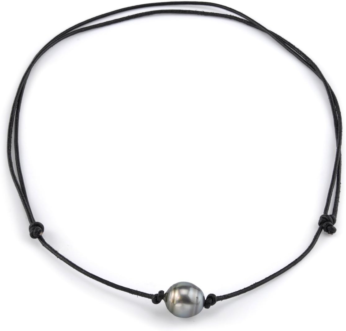 UPSERA Simulated Pearl Choker Necklace - 9-10mm White Pearls On Black Leather Cord, 14"