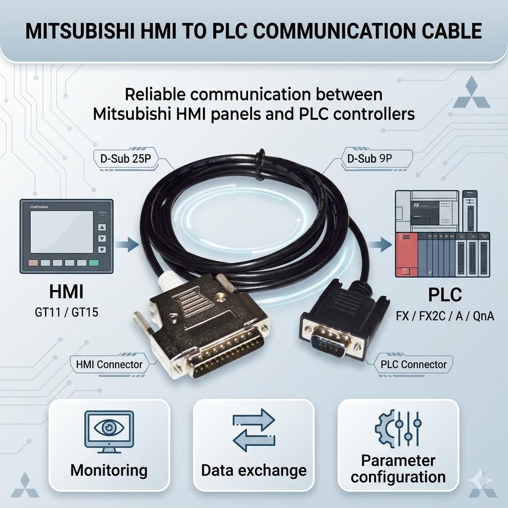 DB25 to DB9 Cable, 1.8m, for Mitsubishi GT11/GT15 HMI & FX/FX2C/A/QnA PLC Communication