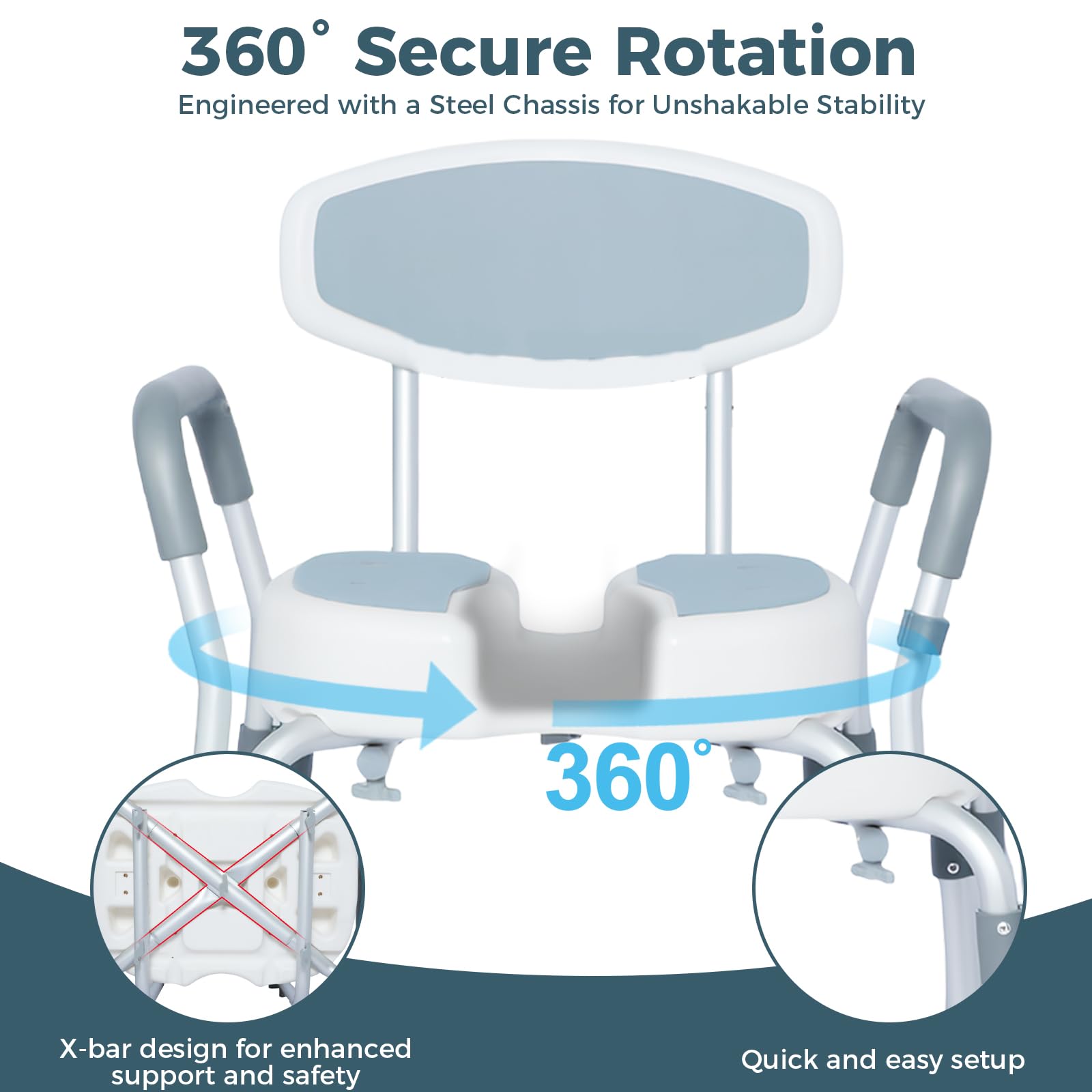 Silla de Ducha Giratoria 360°, Taburete de Ducha para Personas Mayores Altura Ajustable Asiento Ducha con Respaldo y Apoyabrazos Máx. 136kg
