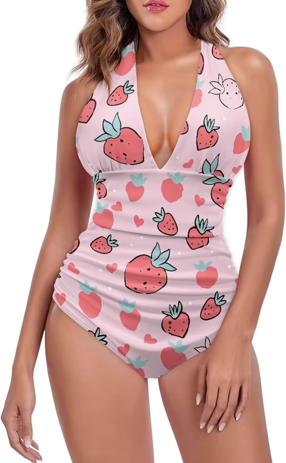 Women's Halter Swimsuit One Piece Bathing Suit V-Neck Tummy Control Swimwear