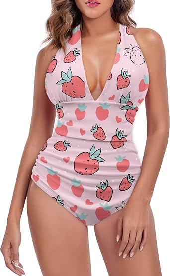Womens Halter Swimsuit One Piece Bathing Suit V-Neck Tummy Control Swimwear