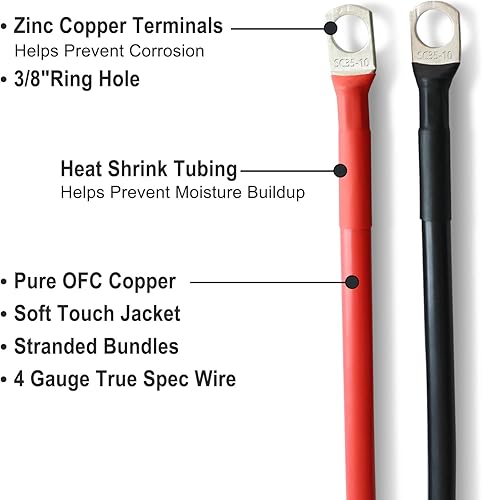 Miniatura 3 de Cables de batería de calibre 4 AWG, terminales de 516 pulgadas, 4 lengüetas de 38 pulgadas, 4 tubos Shink, cobre estañado de 1.5 pies, inversor de