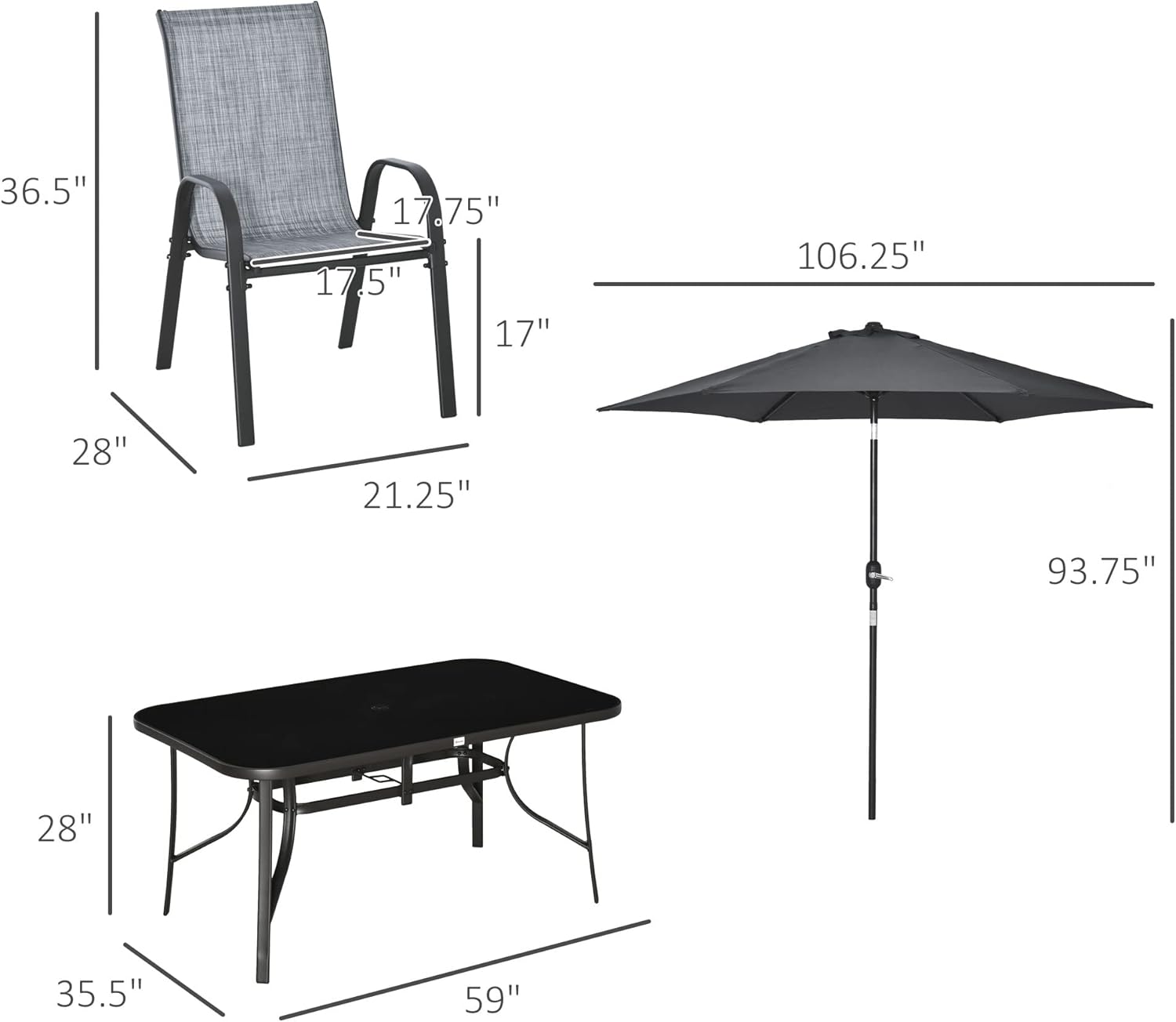 Outsunny 8 Pieces Patio Furniture Set with 9Ft Patio Umbrella, Outdoor Dining Table and Chairs, 6 Chairs, Push Button Tilt and Crank Parasol, Tempered Glass Top, Gray