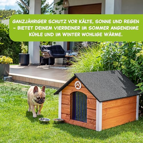 Outentin Hundehütte Outdoor Isoliert - Hundehaus für Mittelgroße Hund - Winterfest und Wetterfest - Hunde Haus für Draußen mit schrägem Dach - Stabile Villa und Moderne Design - 76 x 63 x 60cm-Nuss