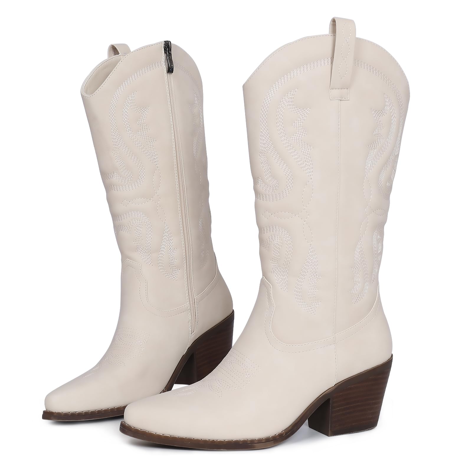 Womens Cowboy Boots Embroidered Western Cowgirl Mid Calf Boots with Block Chunky Heel Comfortable Retro Pull On Pointed Toe Wide Calf Long Tall