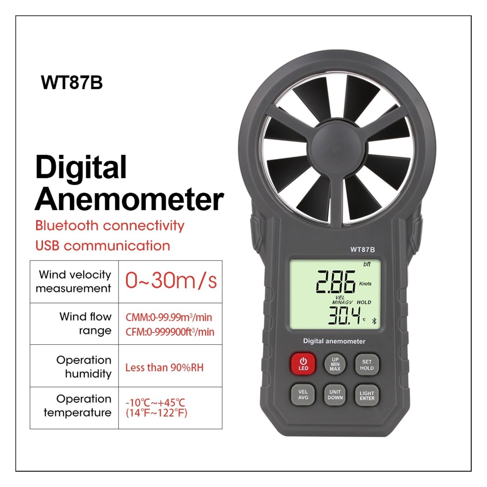Anemómetro Digital Termómetro Medidor De Humedad Velocidad Del Viento Portátil Con USB Bluetooth Mano Mediciones Precisas Versátiles