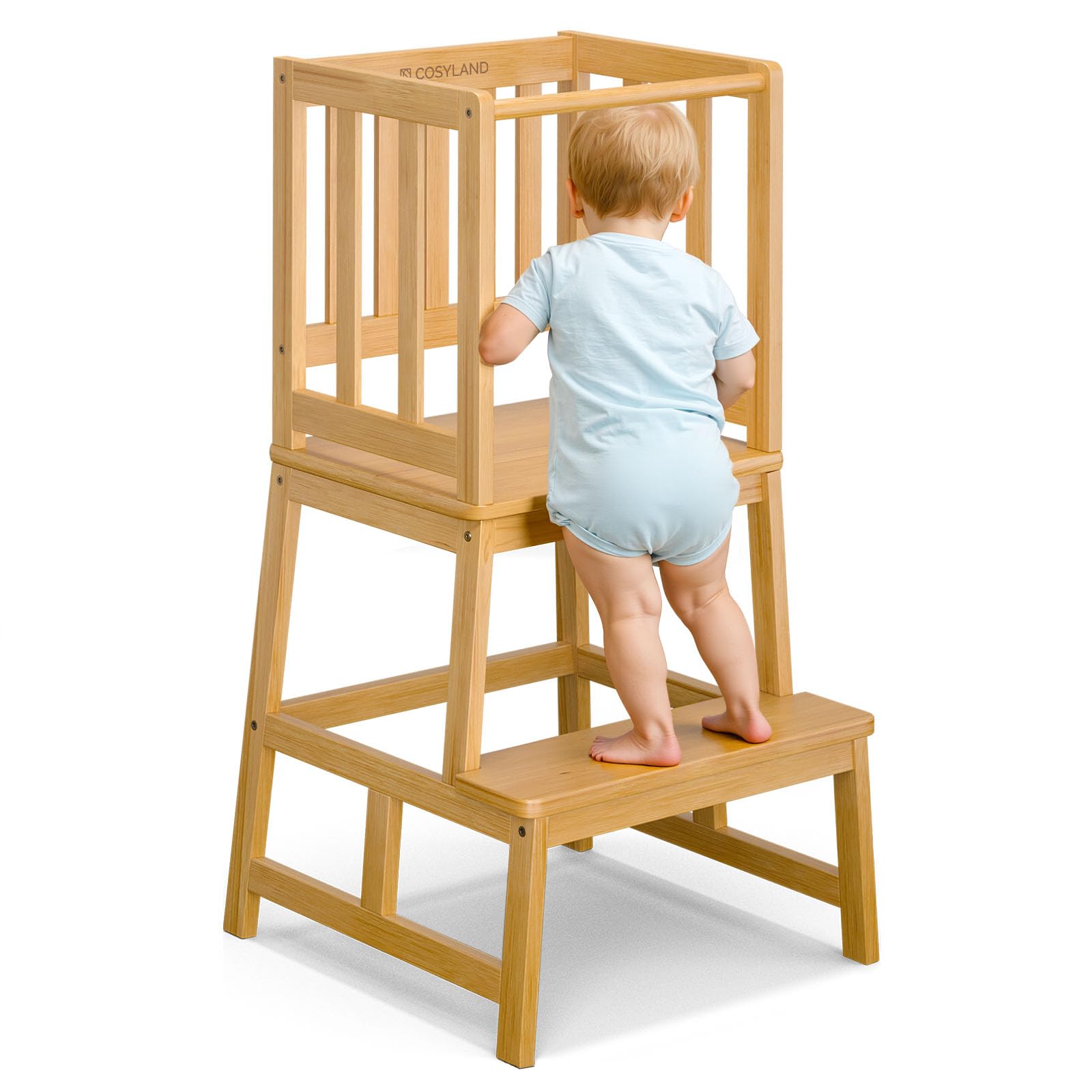 COSYLAND Torre Montessoriana Bambini A Forma di A con Pedana Centrale Rinforzata Bambù Naturale