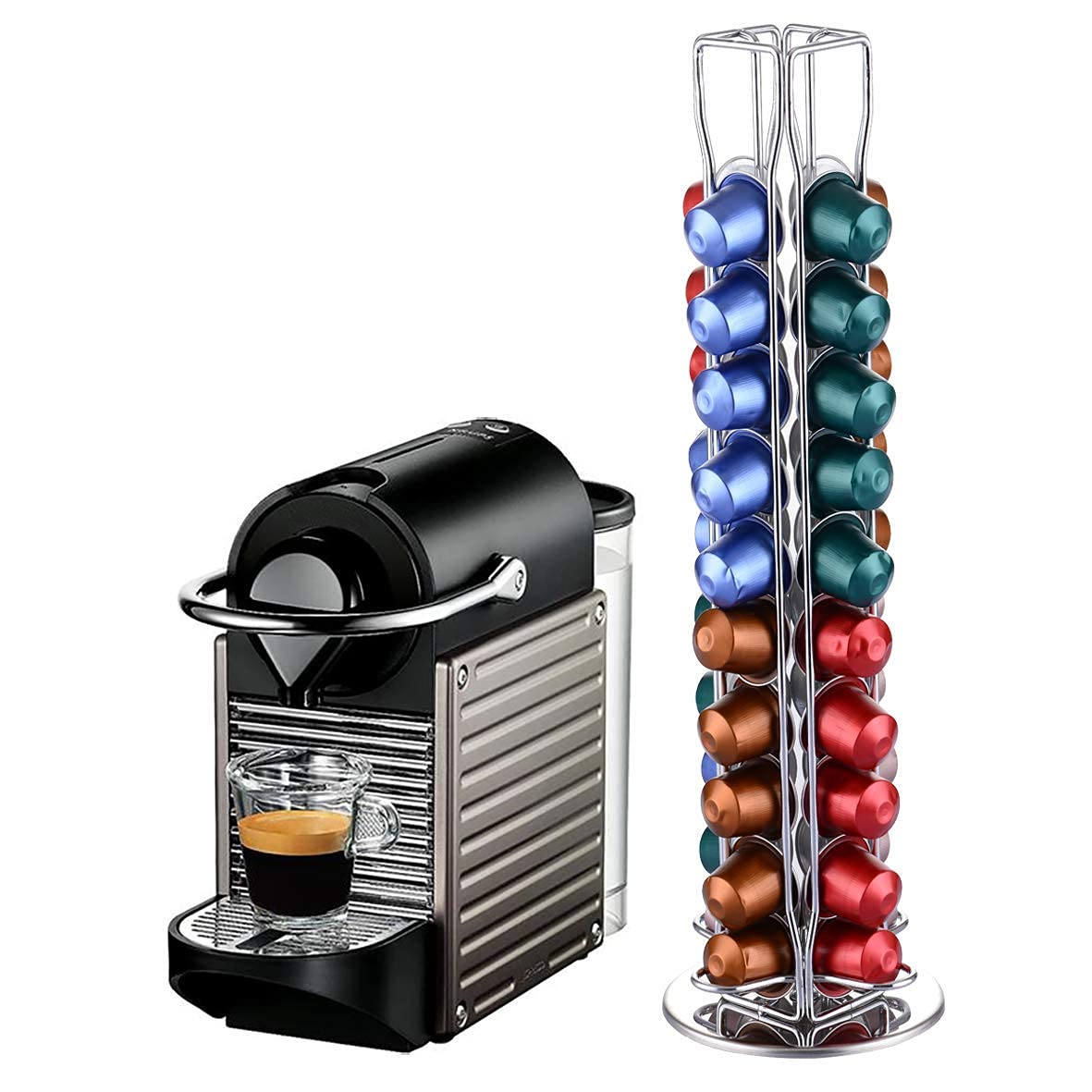 YGJT Porta Capsule Per Nespresso, Porta Cialde Per Nespresso 40 Pezzi Caffè Capsule，Portacapsule Girevoli a 360 Gradi Acciaio Inossidabile, Ufficio & Cucina 11.5x11.5x39cm (Argento Cromato)