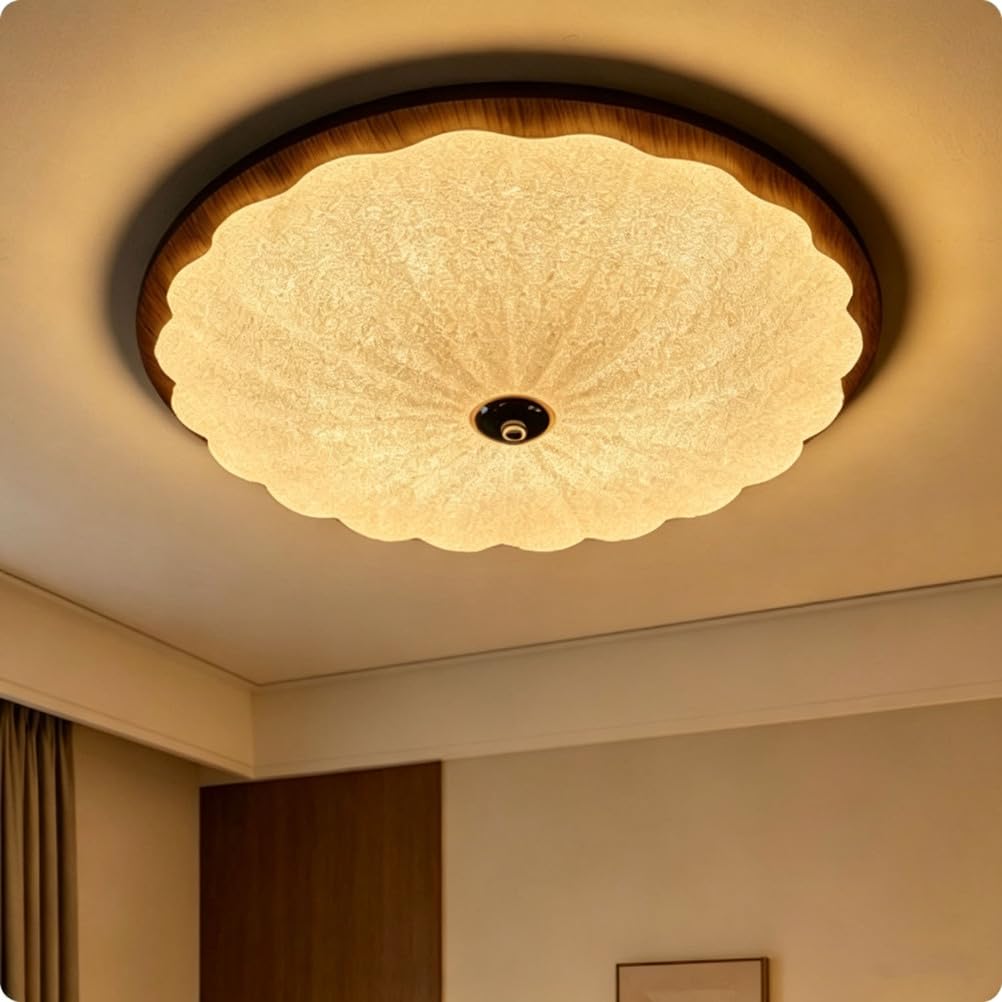 Piptyllite Mid Century Walnut Ceiling Light with Shell Pattern, Full Spectrum LED for Living & Dining Room