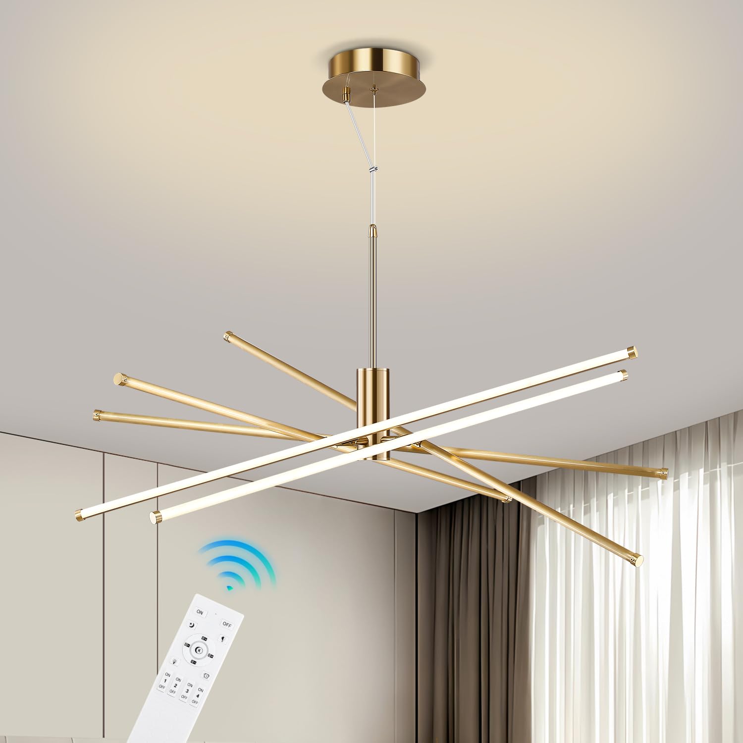 35.4in Modern Chandelier LED Gold Pendant Light Sputnik Chandelier Dimmable with Remote Control Ceiling Hanging Light Adjustable Length for Kitchen Island Dining Room Living Room 68W