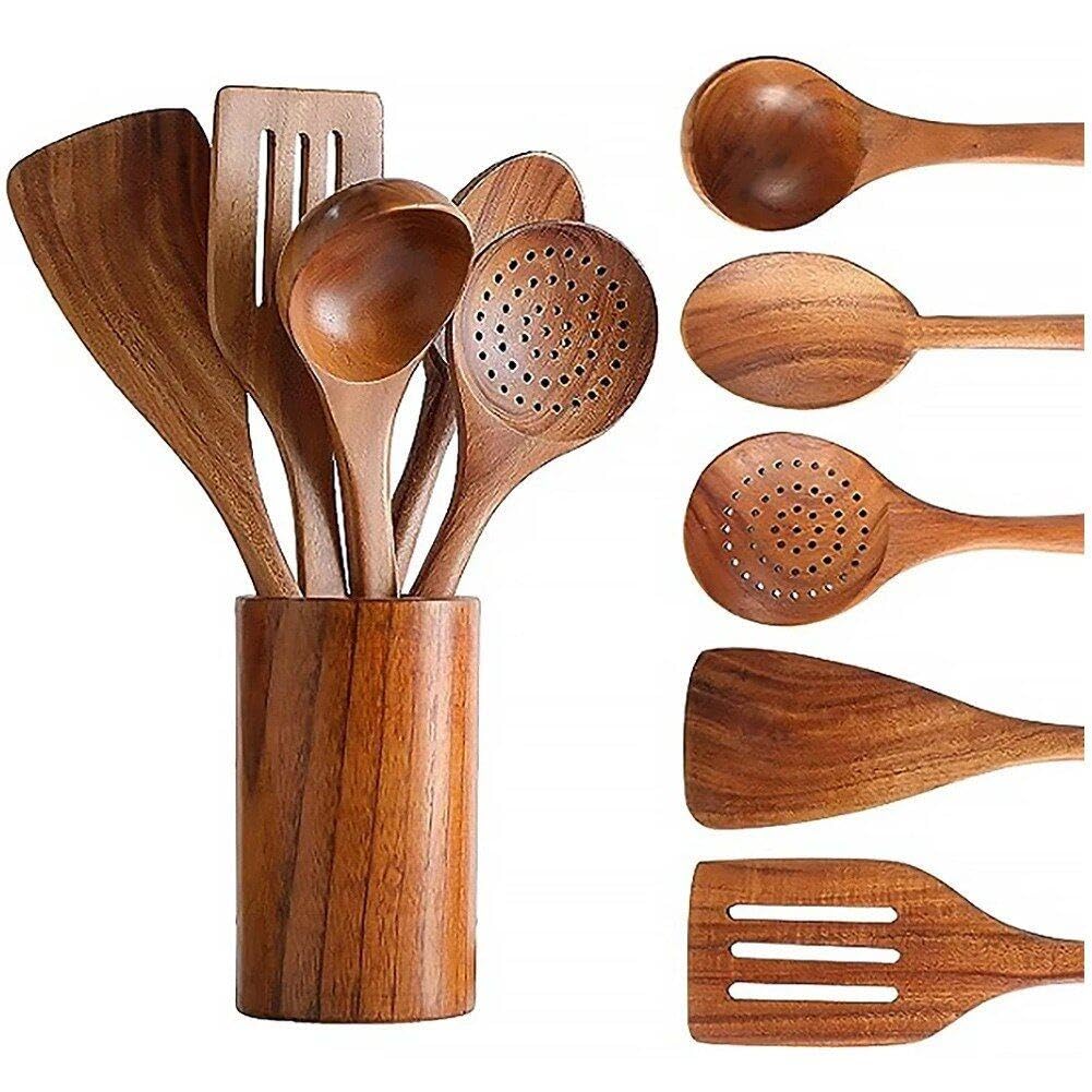 Hrippy 6-teiliges Küchengeschirr-Set Aus Holz, Kochlöffel, Servierlöffel, Holzspatel, Holzaufbewahrung, Geschirr, Küchenutensilien-Set