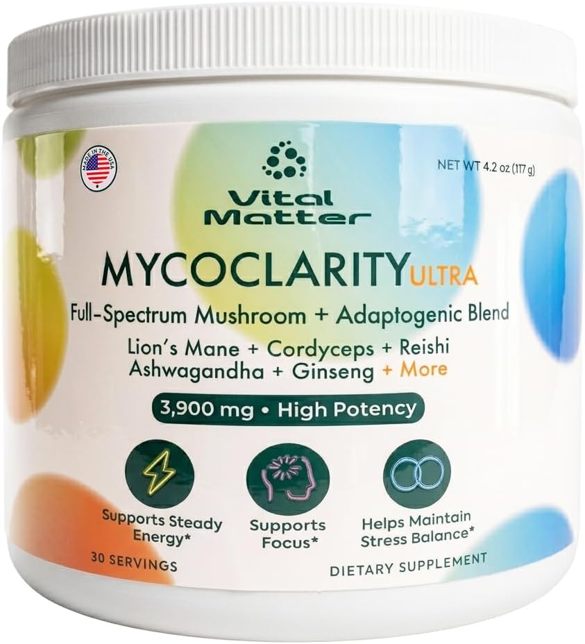 Mushroom Supplement & Adaptogen Powder – Vital Matter MycoClarity Ultra – Lion's Mane, Cordyceps, Reishi, Ashwagandha & Ginseng – Energy, Focus & Stress Support – Third Party Tested – 30 Servings