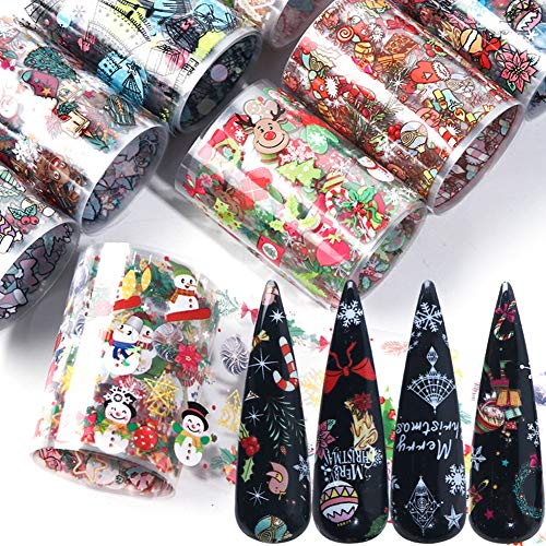 Christmas Nail Art Foils Stickers Winter Nail Art Supplies Nail Foil Transfer Decals Manicure Tips Wraps Design Acrylic Nails Supply Xmas Tree Snowflake Candy Snowman Nails Decoration (10 Sheets)